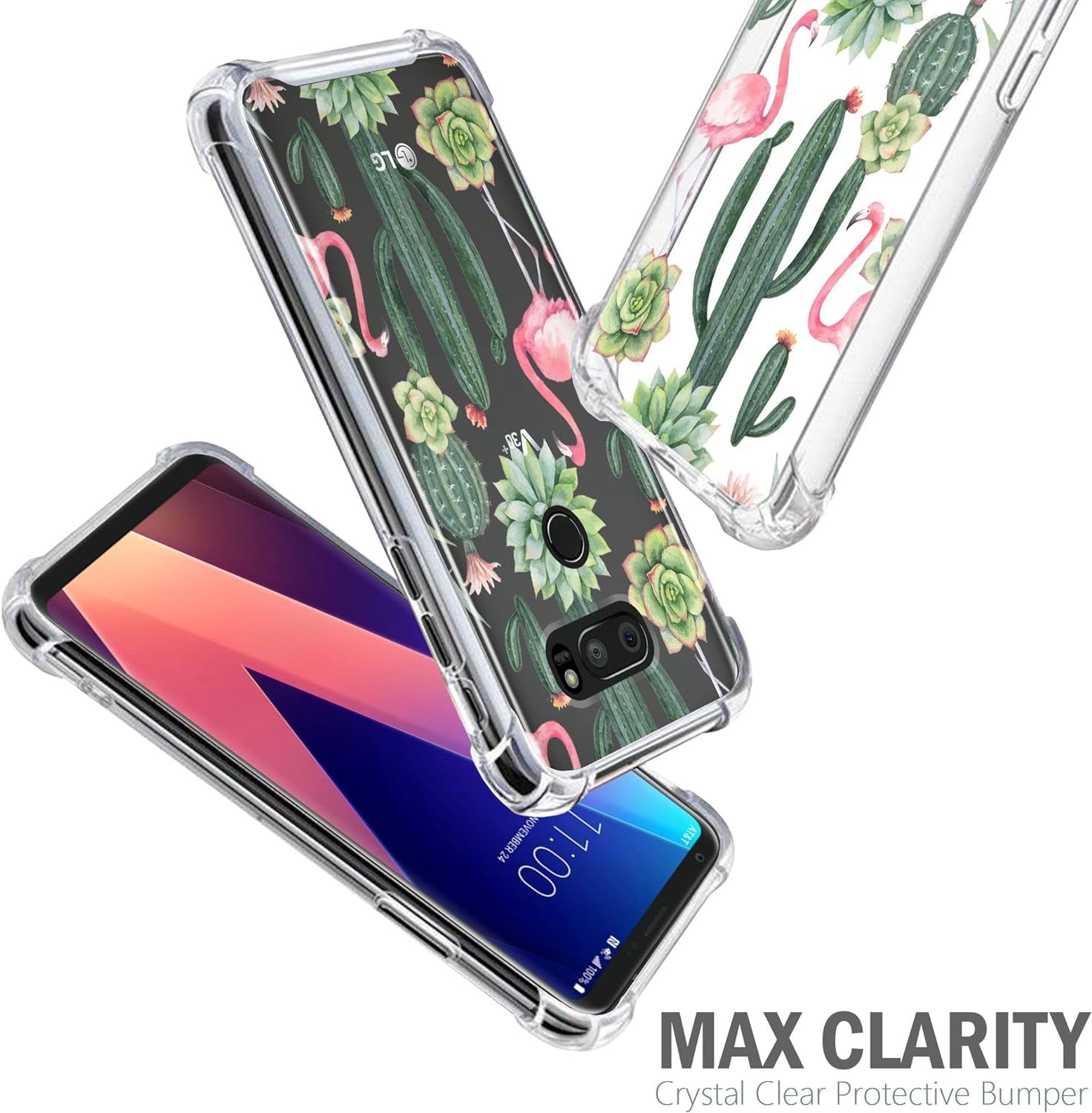Casesondeck Crystal Case Compatible with [LG V30S Thinq and LG V30] Thin Slim Anti-Slip Grip Case with Bumper Edges Hard Back (Flamingo Cactus)  CasesonDeck   