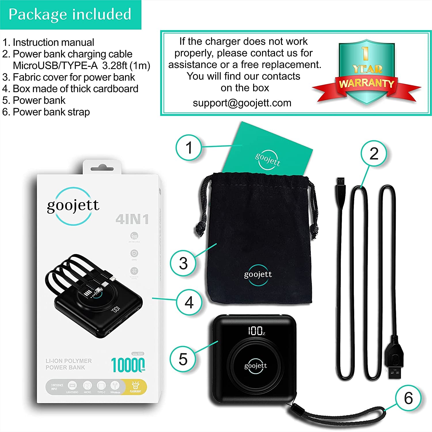 Wireless Portable Charger Power Bank 10000Mah Portable Phone Charger,Iphone Charger with Built in 4 Cable, Usb-C-Wireless Charging External Battery Pack Backup Compatible with Iphone, Samsung, Ipad 1  goojett   