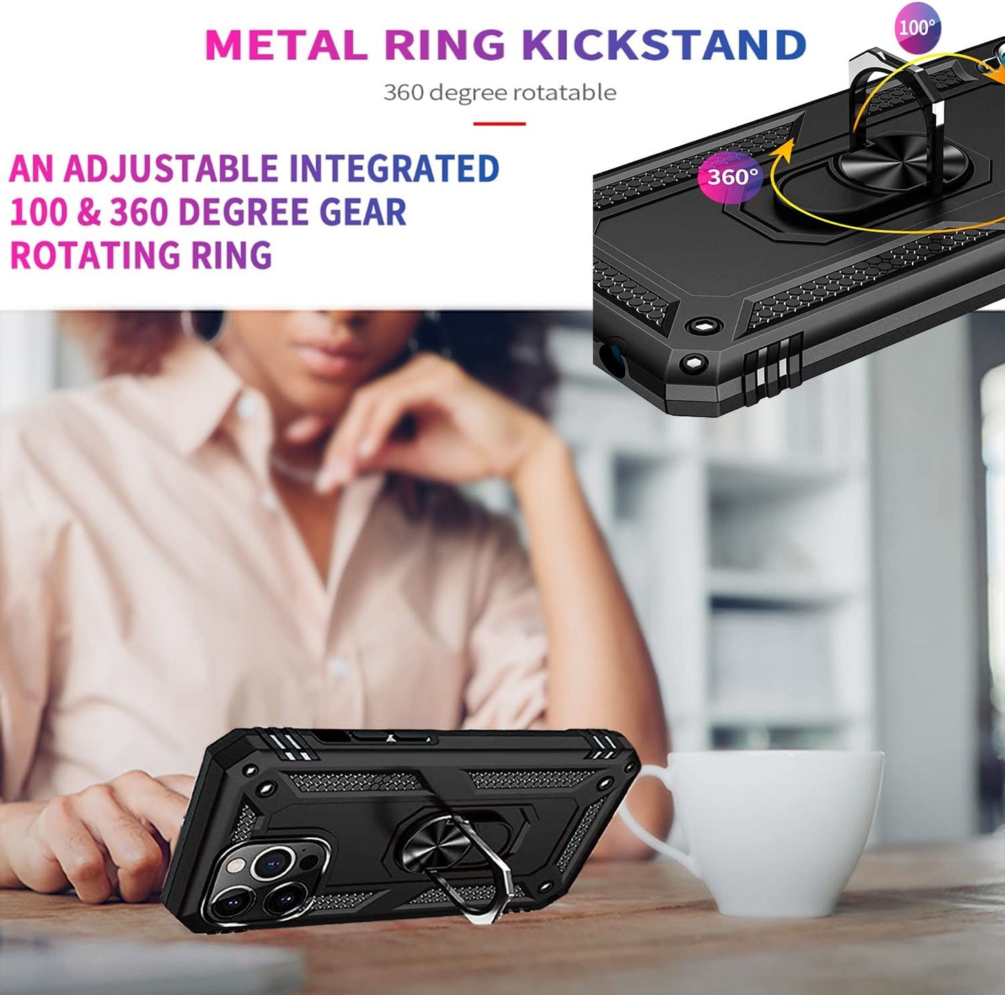 Iphone 12 Pro Max Phone Case, with [Tempered Glass Screen Protector Included] STARSHOP Military Grade Dual Layers Shockproof Drop Protective with Built-In 360° Rotate Metal Ring Kickstand - Black  STARSHOP   