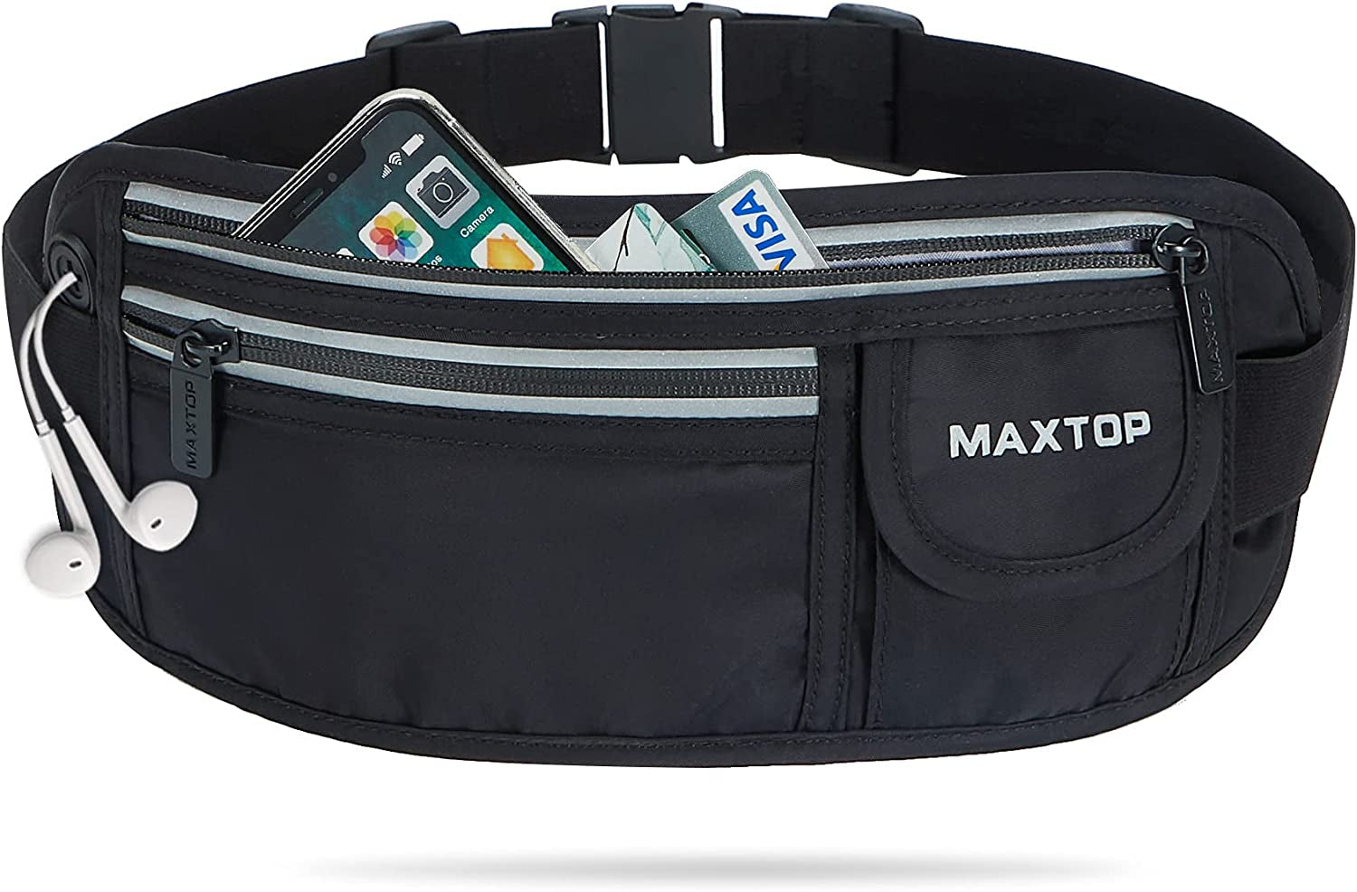 【2 Packs Family Share Bundle】Fanny Packs for Women Men Running Belt Waist Pack Bag for Workout Gym Exercise Walking Hiking Belt Bag Waist Pouch Fits Iphone Cell Phone Holder for Travel Money Belt  MAXTOP Black Running Travel Belt 