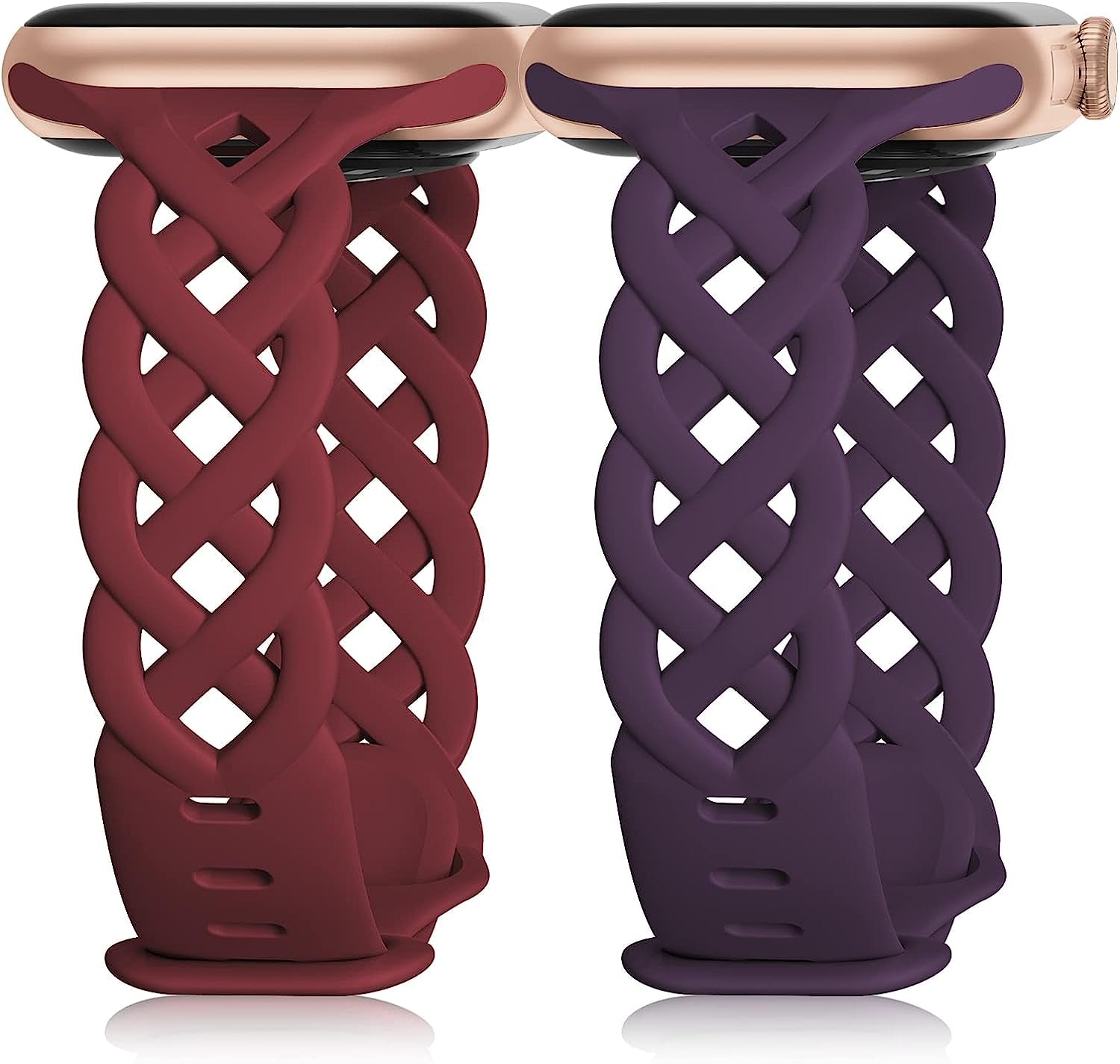 Braided Silicone Bands Compatible with Apple Watch 38Mm 40Mm 41Mm for Women, Slim Thin Narrow Hollow-Out Replacement Strap Cute Wristbands Adjustable for Iwatch Series SE 8/7/6/5/4/3/2/1 Women 2 Pack  Bandiction Wine Red/Dark Purple 42mm/44mm/45mm/49mm 