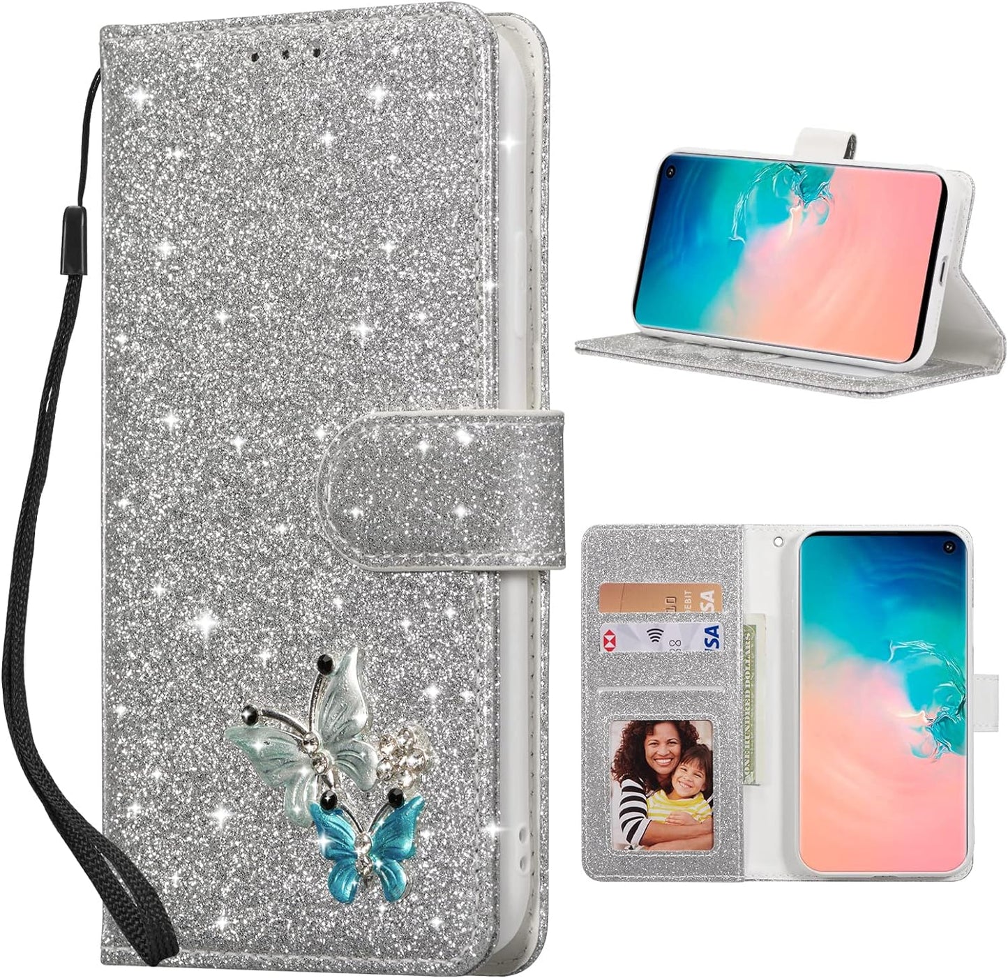 UEEBAI Wallet Case for Samsung Galaxy A53 5G, Premium Glitter PU Leather Phone Case Card Slots Kickstand Case Magnetic Closure Bling Handbag Case Shockproof Hand Strap Flip Cover - Glitter Purple  UEEBAI Silver Samsung Galaxy S10 Plus 