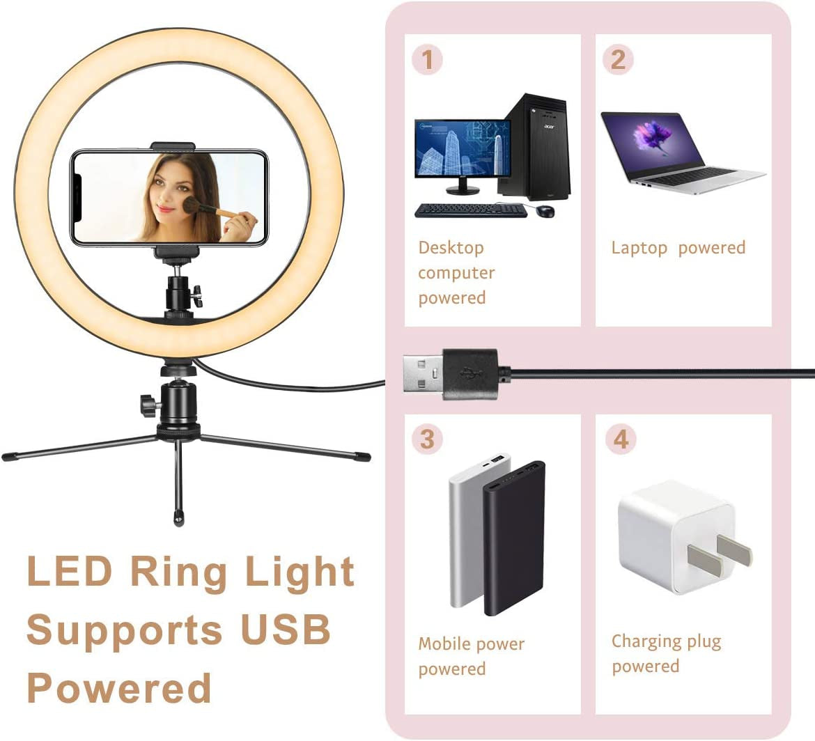 LED Ring Light 10" with Tripod Stand & Phone Holder for Live Streaming & Youtube Video, Dimmable Desk Makeup Ring Light for Photography, Shooting with 3 Light Modes & 10 Brightness Level  AIXPI   