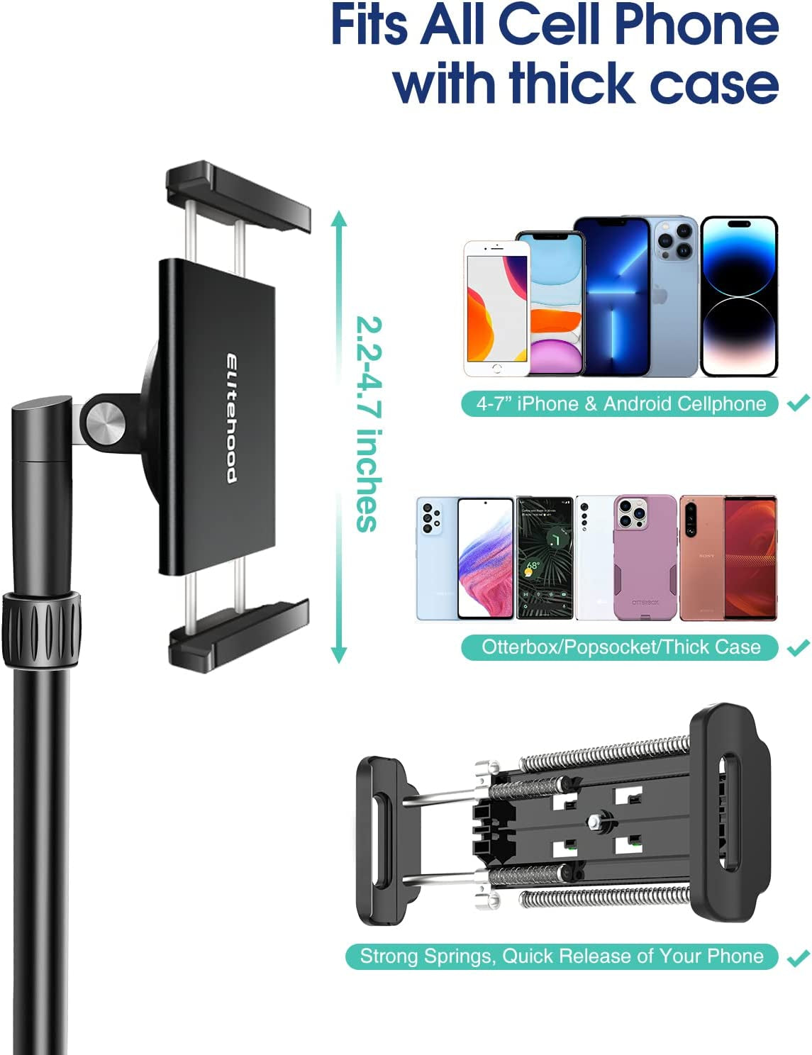 Elitehood Iphone Tripod for Overhead Video Recording [Heavy Duty & Ultra-Stable], 25In Horizontal Long Extendable Boom, 360° Rotation Iphone Tripod Stand with Remote, Vertical 71" Tall Phone Tripod  elitehood   