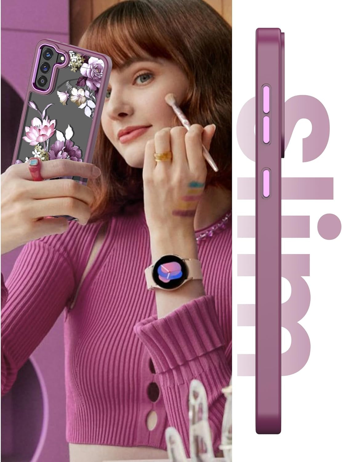 Dretal for Samsung Galaxy S21 plus 5G Case Floral, Galaxy S21+ Case, Military Grade Drop Tested Hard Back & Soft Edge Slim Flower Women Girls Protective Cover +Tempered Glass Screen Protector (Purple)  Dretal   