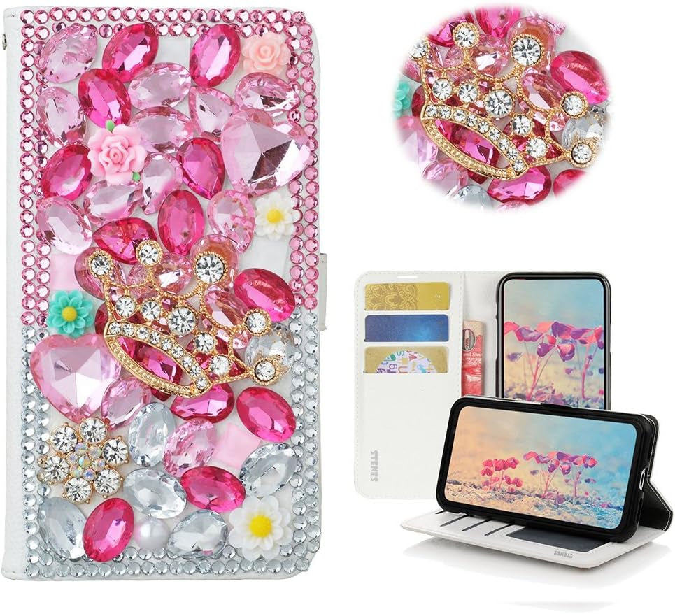 STENES LG G6 Case, LG G6 plus Case - STYLISH - 3D Handmade Crystal Heart Pendant Butterfly Flowers Wallet Credit Card Slots Fold Stand Leather Cover Case for LG G6/LG G6 plus - Pink  STENES Crown Flowers / Pink  
