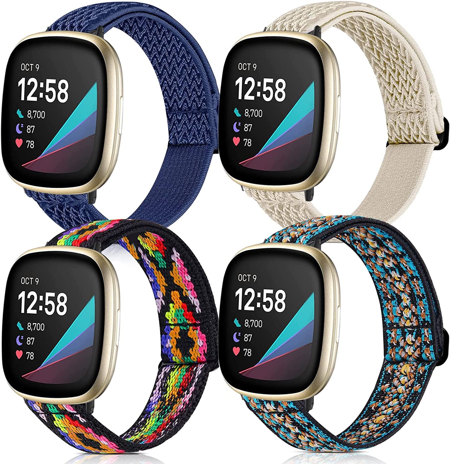 4 Pack Stretchy Bands Compatible with Fitbit Versa 3/Fitbit Versa 4/Fitbit Sense 2/Fitbit Sense Bands Women Men, Adjustable Elastic Breathable Loop Nylon Replacement Straps for Fitbit Sense & Versa 3  POHNUI Dark Blue & Beige & Rhombus & Posey Green  