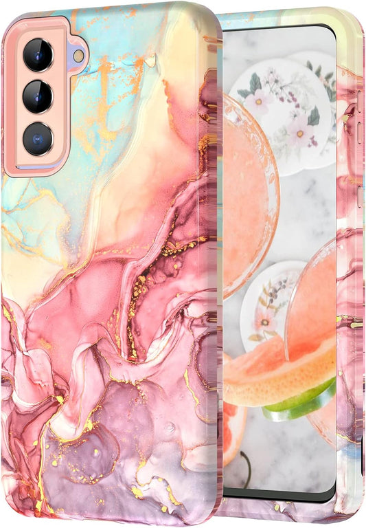 Galaxy S21 plus Case: Marble Pattern 3-In-1 Heavy Duty Shockproof with Rugged Hard PC & Soft Silicone, Rose Gold  Btscase   