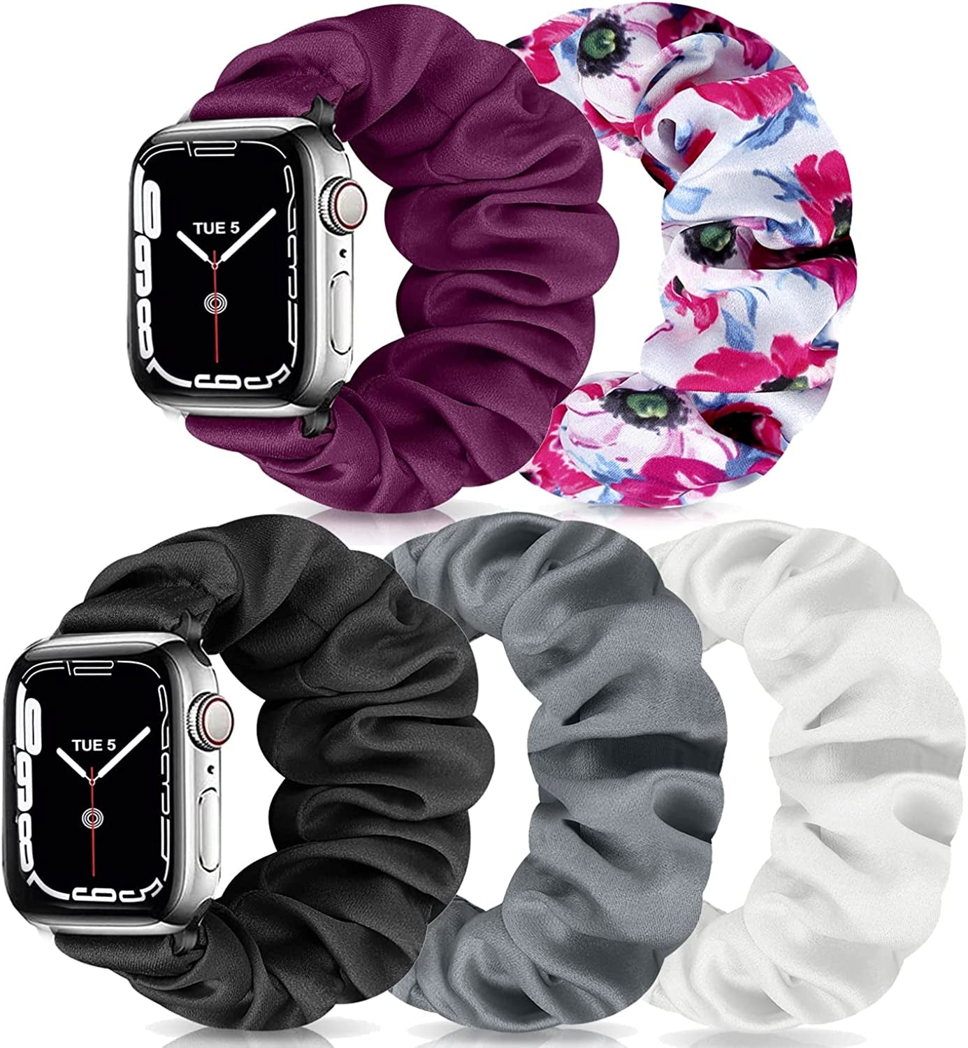 Scrunchie Watch Bands for Women Compatible with Apple Watch 38Mm 40Mm 41Mm 42Mm 44Mm 45Mm, Elastic Scrunchy Replacement Band Soft Stretchy Band for Iwatch Series 7/6/5/4/3/2/1/SE  DKGKOO D(Black/White/Gray/Purple/Pink flower) 42mm/44mm/45mm Large-Size 