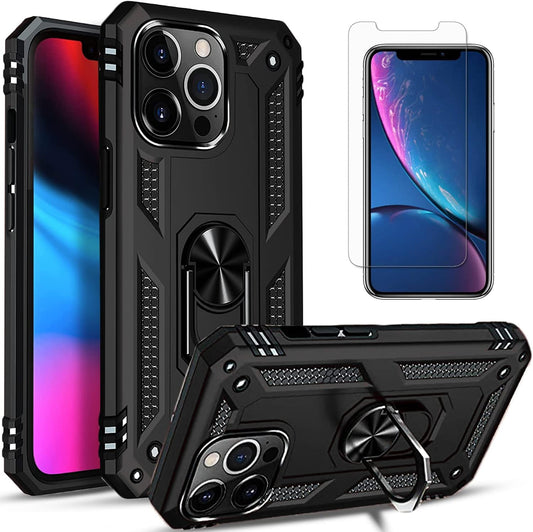 Iphone 12 Pro Max Phone Case, with [Tempered Glass Screen Protector Included] STARSHOP Military Grade Dual Layers Shockproof Drop Protective with Built-In 360° Rotate Metal Ring Kickstand - Black  STARSHOP   