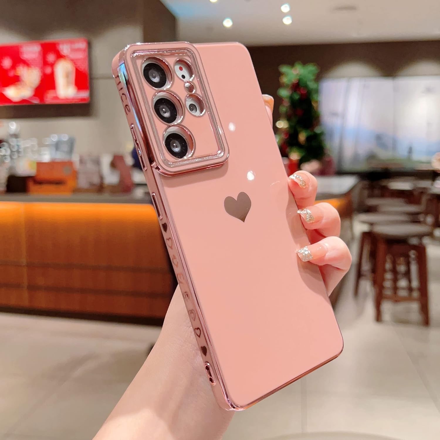 VANIPUFF Samsung Galaxy S21 Ultra 5G 6.8" Phone Case with Luxury Electroplate Cute Side Love Heart Cover Full Camera Protection Soft Silicone Anti-Fingerprint Shockproof Cover Bumper (Pink)  VANIPUFF\1   