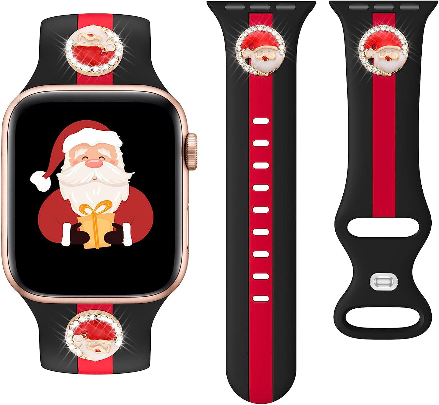 Designer Sport Band Compatible with Apple Watch Iwatch Bands 38Mm 40Mm 41Mm 42Mm 44Mm 45Mm 49Mm Men Women, Soft Silicone Strap Wristbands for Apple Watch Series 8/7/6/5/4/3/2/1/Se/Ultra  seizehe Black Red with christmas charm 38mm/40mm/41mm 