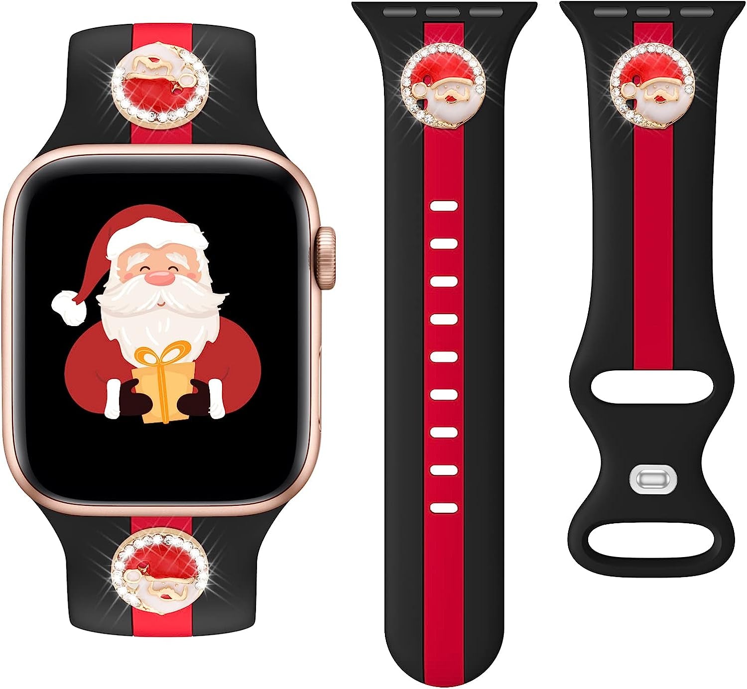 Designer Sport Band Compatible with Apple Watch Iwatch Bands 38Mm 40Mm 41Mm 42Mm 44Mm 45Mm 49Mm Men Women, Soft Silicone Strap Wristbands for Apple Watch Series 8/7/6/5/4/3/2/1/Se/Ultra  seizehe Black Red with christmas charm 38mm/40mm/41mm 