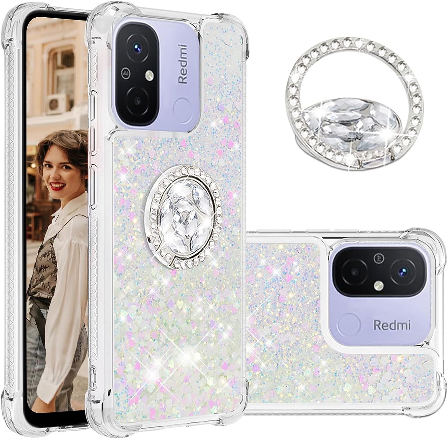Tncavo for Xiaomi Redmi 12C Case for Woman, Moving Liquid Holographic Sparkle Glitter Cases with Diamond Ring Soft Clear TPU Luxury Girly Cute Phone Cover for Xiaomi Redmi 12C LSZ Silver  Tncavo White Full 
