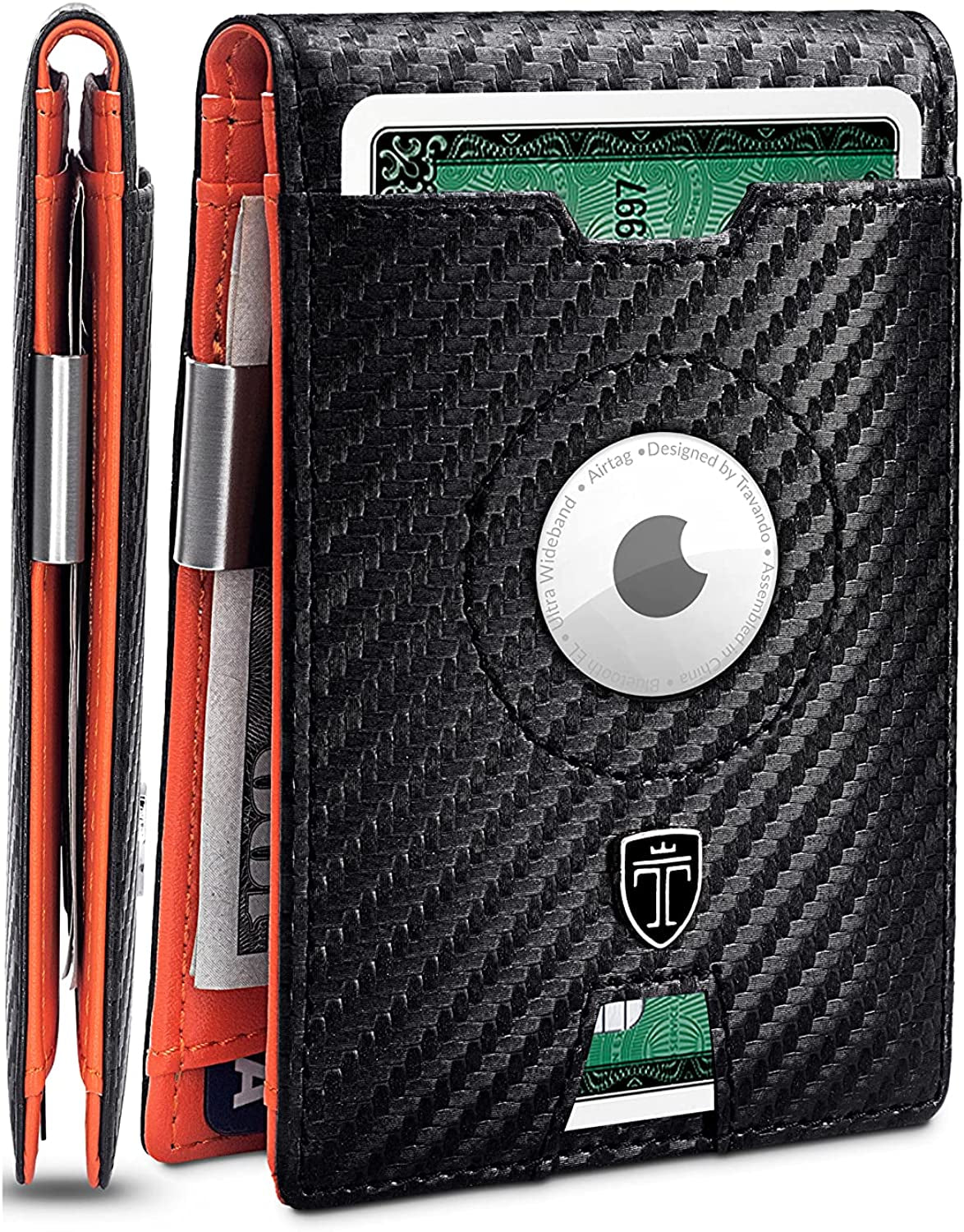 TRAVANDO Airtag* Wallet Mens Wallet with Money Clip Air Tag Wallet Card Holder RFID Blocking Bifold Gifts for Men  TRAVANDO Carbon & Orange  