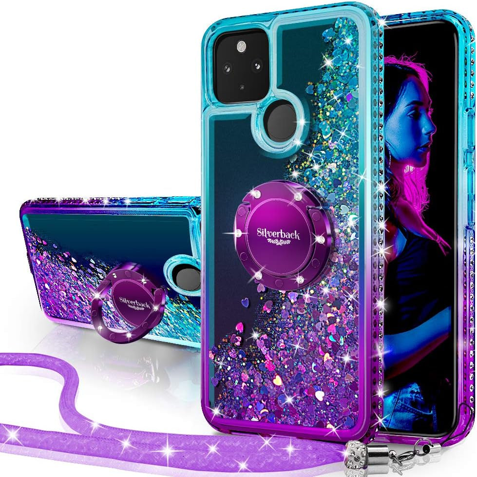 Silverback for Google Pixel 5 Case, Moving Liquid Holographic Sparkle Glitter Case with Kickstand, Girls Women Bling Diamond Ring Slim Protective Case for Google Pixel 5 5G -Purple  Silverback   