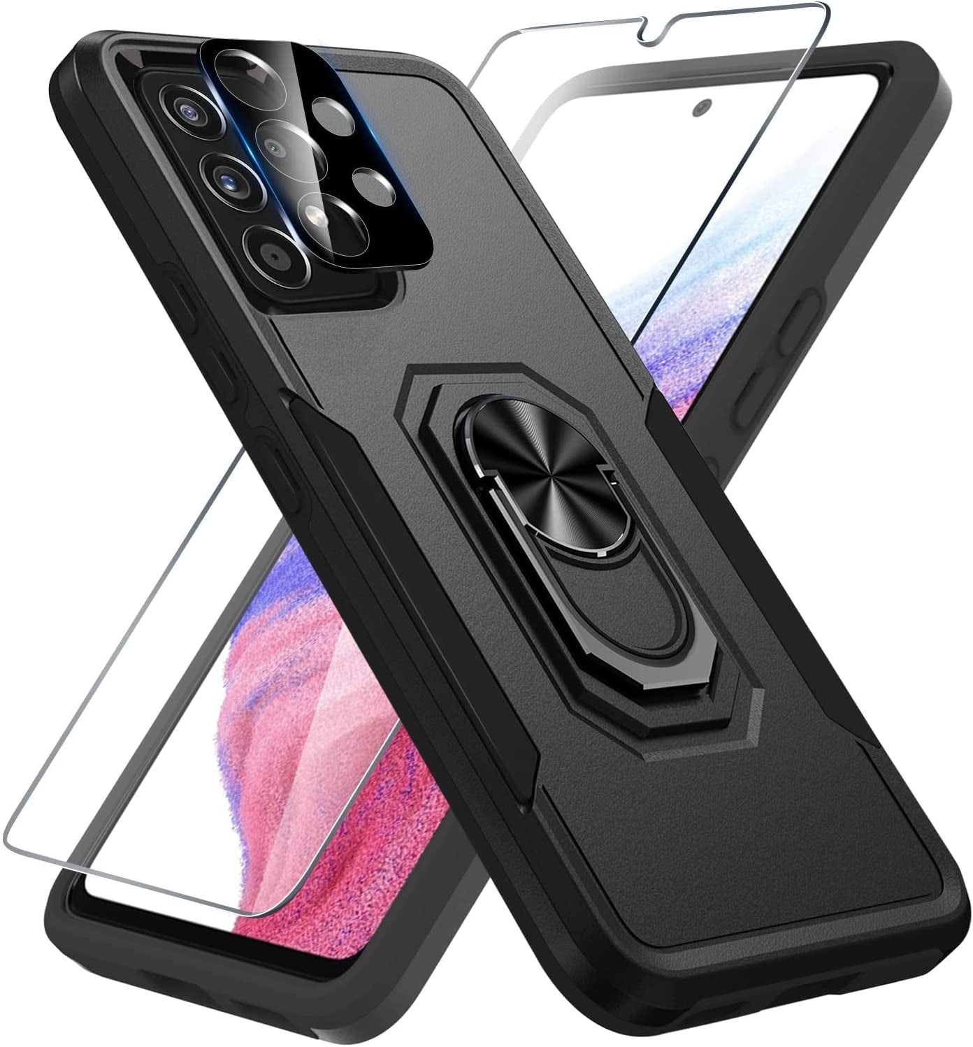 Samsung Galaxy A53 5G Case Built in Slide Camera Lens Cover and Screen Protector,Heavy Duty Shockproof Full Body Protective Phone Cover,Built in Finger Ring Stable Holder Kickstand,2022 Blue  Janmitta Black Matte Samsung A53(6.5 Inch) 