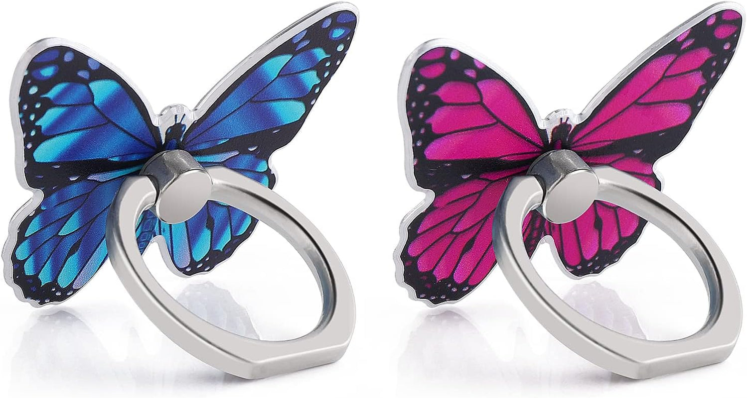 Cobee Butterfly Cell Phone Ring Stand Holder, 2 Pcs Cute Butterfly Pattern Painted Metal Finger Stand Kickstand 360°Rotation Phone Ring Holder Stand Ring Hand Grip with Knob Loop(Yellow, Orange)  Cobee Blue, Rose Red  