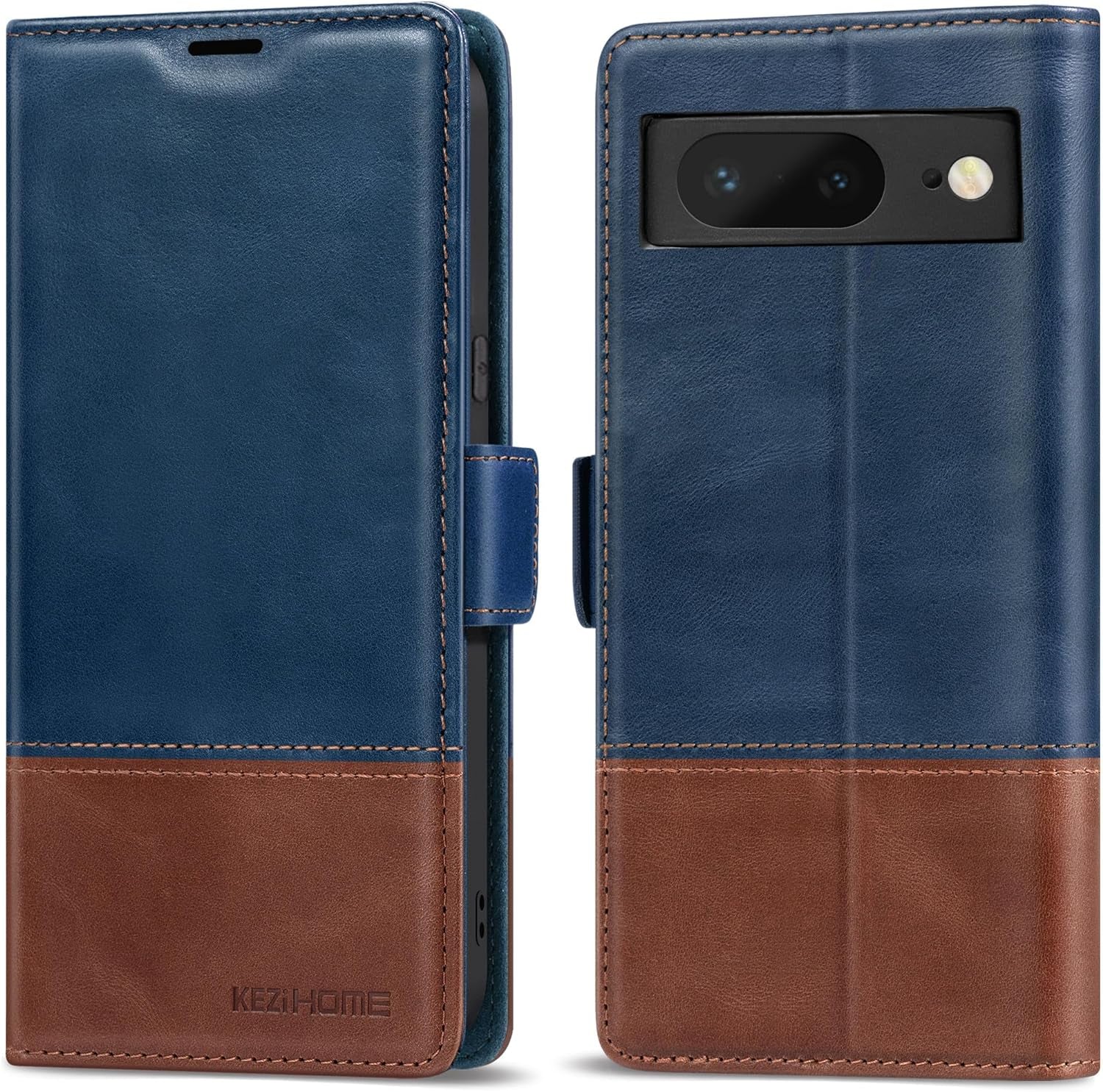 Kezihome Case for Google Pixel 8, Genuine Leather [RFID Blocking] Wallet Case with Card Holder Kickstand Flip Heavy Duty Protective Phone Cover for Google Pixel 8 5G (Black/Brown)  KEZiHOME Royal Blue/Brown  