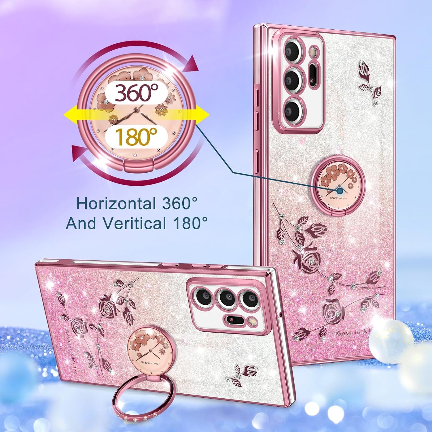 Coralogo (3In1 for Samsung Galaxy Note 20 Ultra Case Glitter Sparkly for Women Girls Bling Shiny Phone Cover Cute Flowers Floral Unique Design with Ring Pretty Cases for Galaxy Note 20 Ultra 5G 6.9''  Coralogo   