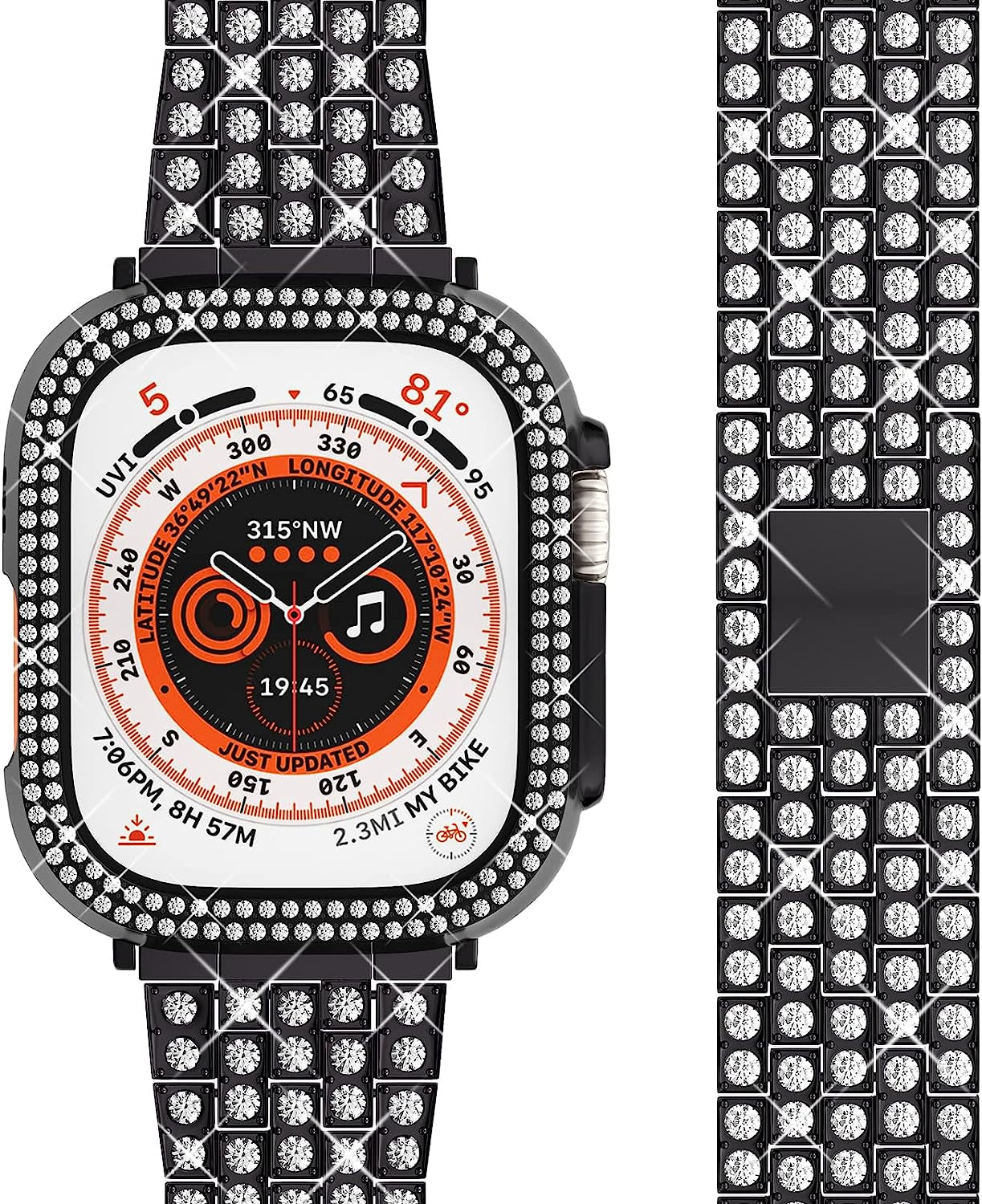 QVLANG Compatible Apple Watch Band Ultra 49Mm, Bling Series Band for Women + Diamond Rhinestone Case, Stainless Steel Metal Bracelet Strap for Iwatch Ultra (Silver, 49Mm)  QVLANG Black 49 mm 