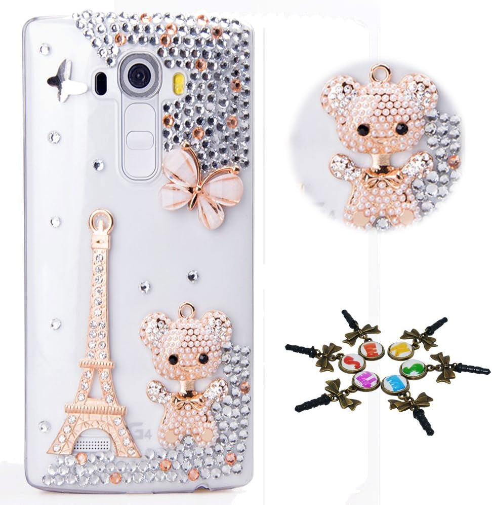 STENES LG G7 Case, LG G7 Thinq Case - STYLISH - 100+ Bling Crystal - 3D Handmade Bling Camellia Flowers Design Protective Cover Case for LG G7 Thinq - White  STENES Eiffel Towers Butterfly Bear / Crystal  