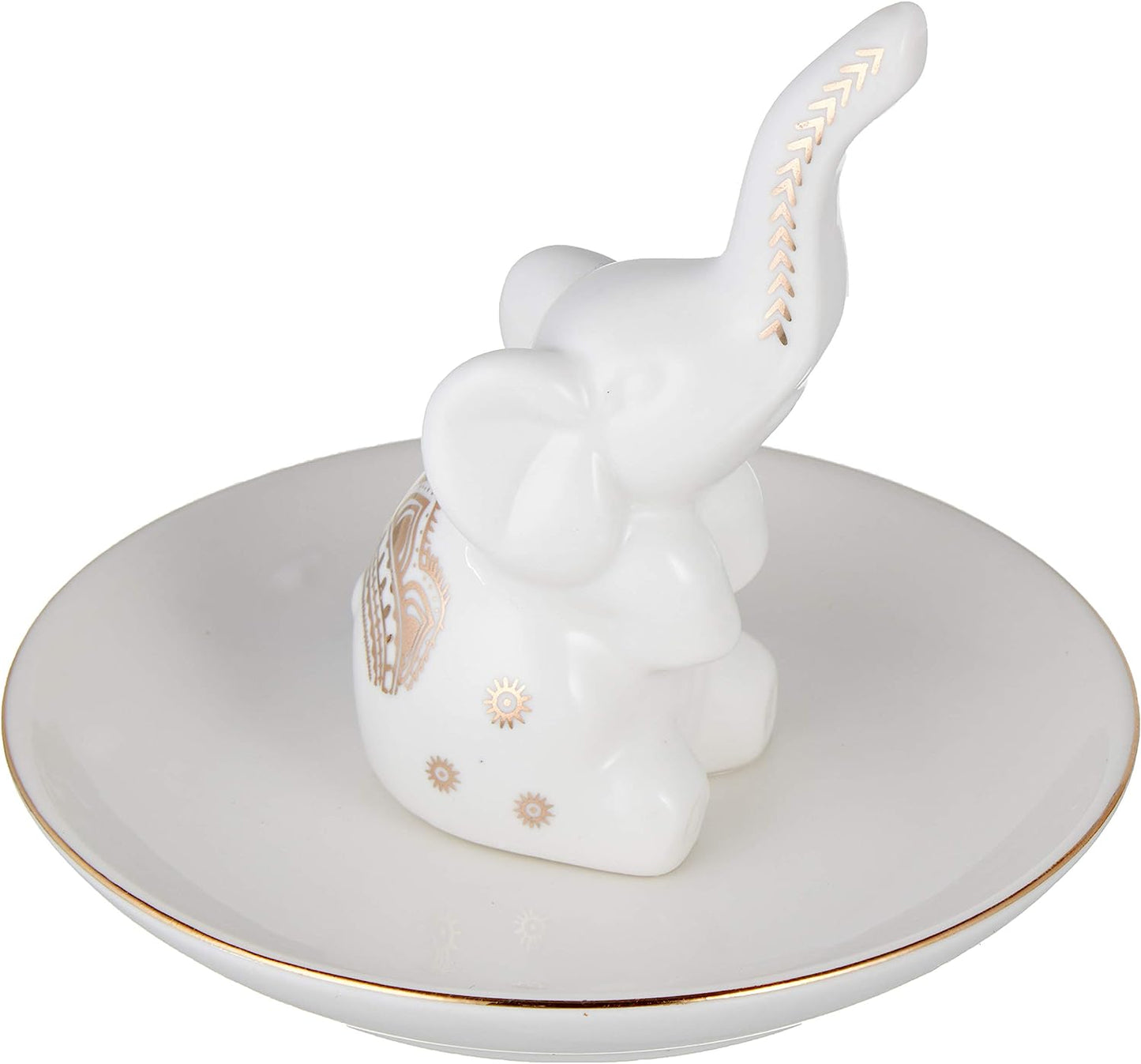 HOME SMILE Elephant Ring Dish Holder for Jewelry,Elephant Gifts for Women Chritsmas,Engagement Wedding Trinket Trays,Ceramic White  QY Decorative Gold Design Elephant  