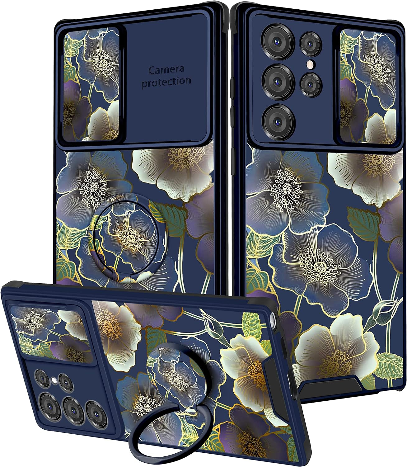 Goocrux (2In1 for Samsung Galaxy S22 Ultra Case Sunflower Floral for Women Girls Girly Phone Cover Cute Flowers Design with Slide Camera Cover+Ring Holder Unique Blue Cases for Galaxy S22 Ultra 6.8''  Goocrux Big Flowers  