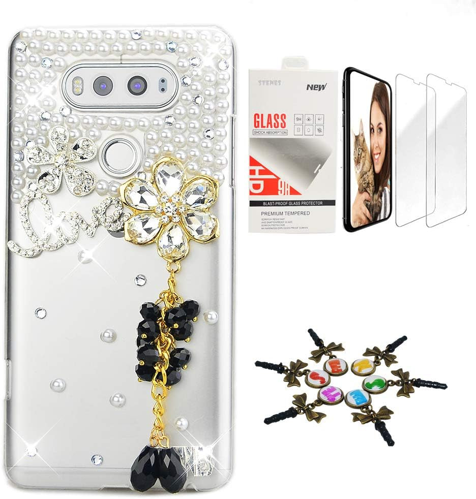 STENES Bling Case Compatible with LG V40 Thinq - Stylish - 3D Handmade [Sparkle Series] Pineapple Love Design Cover with Screen Protector [2 Pack] - Yellow  STENES Flowers Rhinestone Pendant / Black Design For Lg V40 Thinq 