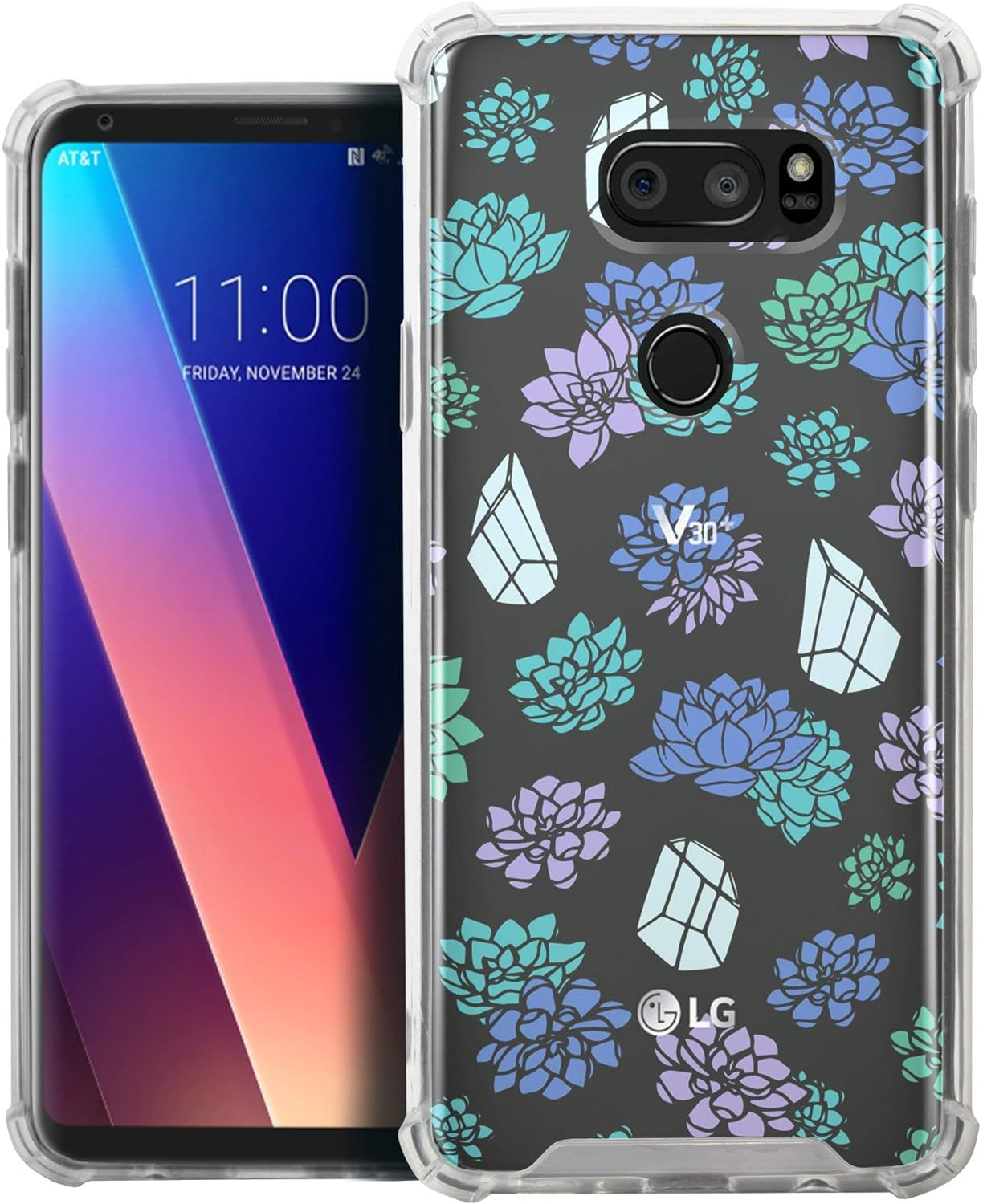 Casesondeck Crystal Case Compatible with [LG V30S Thinq and LG V30] Thin Slim Anti-Slip Grip Case with Bumper Edges Hard Back (Cactus Gems)  CasesonDeck   