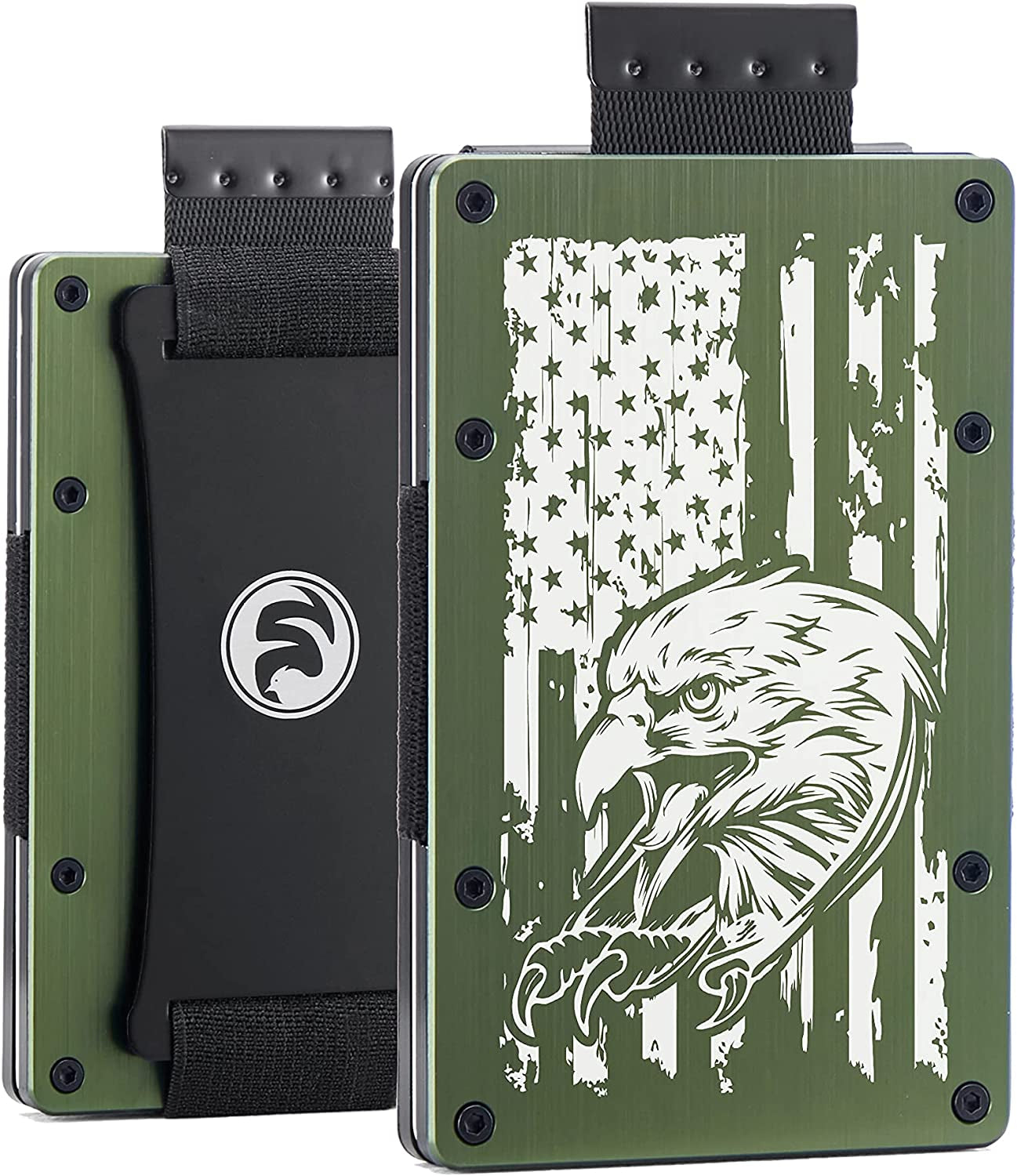 Men Minimalist Metal Wallet with ID Window Money Clip | Slim Front Pocket RFID Blocking Aluminum EDC Tactical Wallets with Cash Strap | Personalized Mini Multifunction Card Holder for Travel Business  FeiYen Eagle&American Flag-Brushed Army Green  