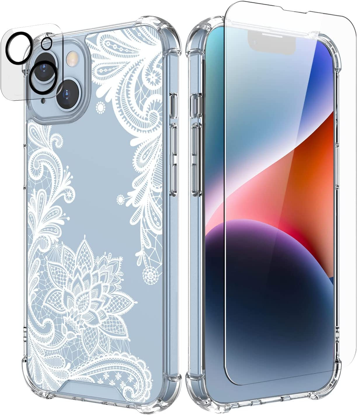 Cutebe [3 in 1 Crystal Phone Case for Iphone 13(2021)/Iphone 14(2022) 6.1", Cute Protective Cover with 9H Temper Glass Screen Protector + HD Temper Camera Lens Protector for Women, Girls  Cutebe iPhone 13/14-White Floral iPhone 13/14 Case 6.1 Inch 