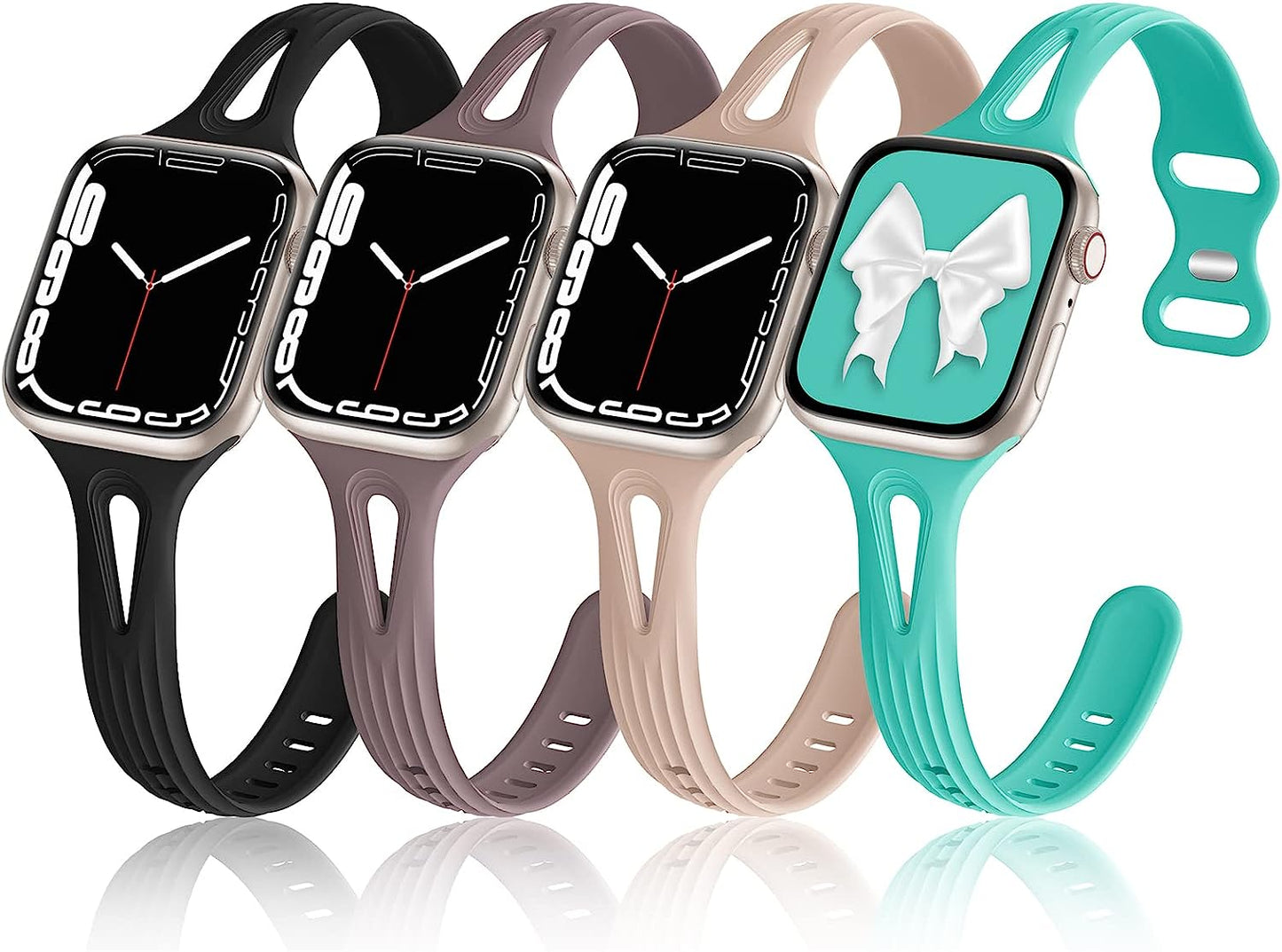 4 Pack Bands Compatible with Apple Watch Band 40Mm 38Mm 41Mm 42Mm 44Mm 45Mm for Women, Slim Thin Narrow Replacement Wristbands Soft Silicone Sport Strap for Iwatch Band Series 8 7 6 5 4 3 2 1 SE  Hehighti Black/Brown/Pink Walnut/Tiff Blue 42mm/44mm/45mm/49mm 