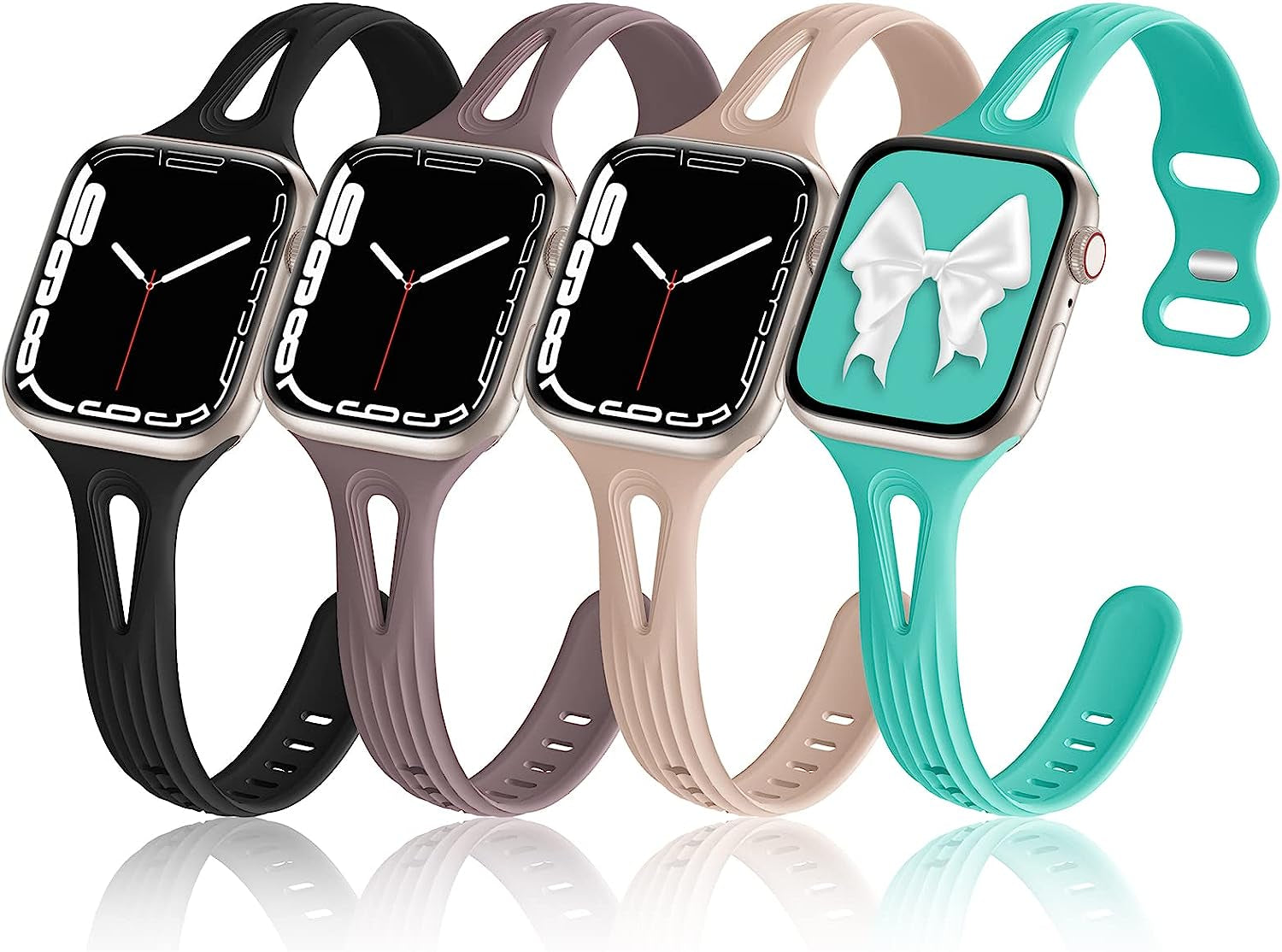 4 Pack Bands Compatible with Apple Watch Band 40Mm 38Mm 41Mm 42Mm 44Mm 45Mm for Women, Slim Thin Narrow Replacement Wristbands Soft Silicone Sport Strap for Iwatch Band Series 8 7 6 5 4 3 2 1 SE  Hehighti Black/Brown/Pink Walnut/Tiff Blue 42mm/44mm/45mm/49mm 