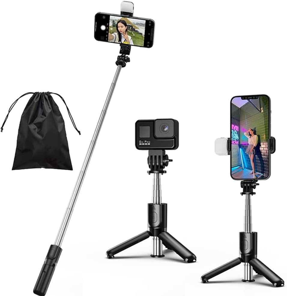KOMI Selfie Stick - 4 in 1 Selfie Stick Tripod Extendable Phone Tripod Portable with Detachable Wireless Remote Compatible with Iphone Samsung Camera Android (Mini Black)  KOMI Mini Black+Light  
