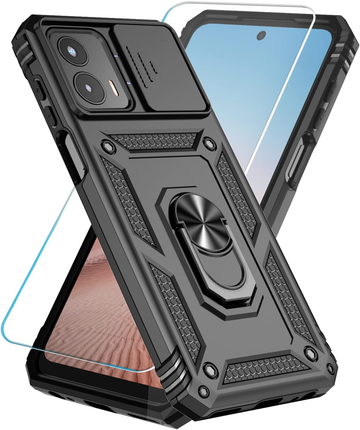 Sunstory for Motorola Moto G 5G 2023 Case with Tempered Glass Screen Protector & Slide Camera Cover & Kickstand, [Military-Grade] Phone Case for Moto G 5G 2023 (Red)  SunStory Black  