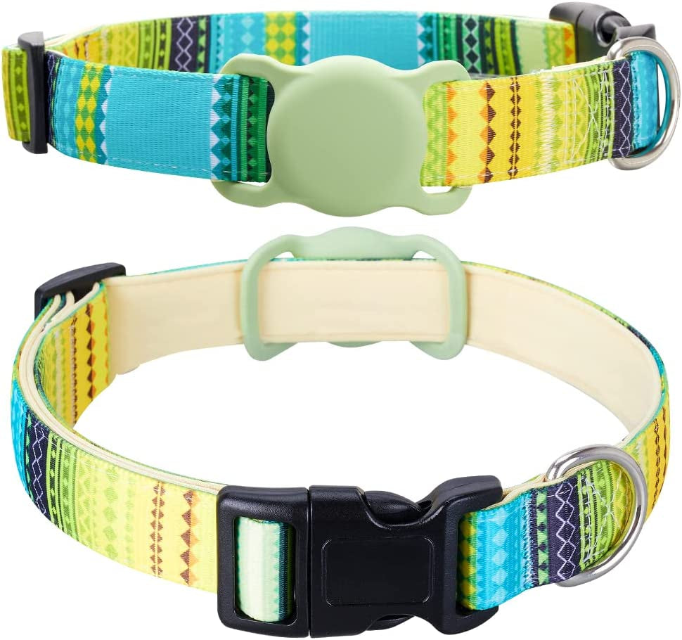 Airtag Cat Collar, Animire Soft Neoprene Padded Air Tag Collar for Extra Small Dogs, Polyester Puppy Pet Collar with Silicone Airtag Case Holder Accessories, 8"-12" Neck  Animire Bohemia Green XS: 8"-12" neck 
