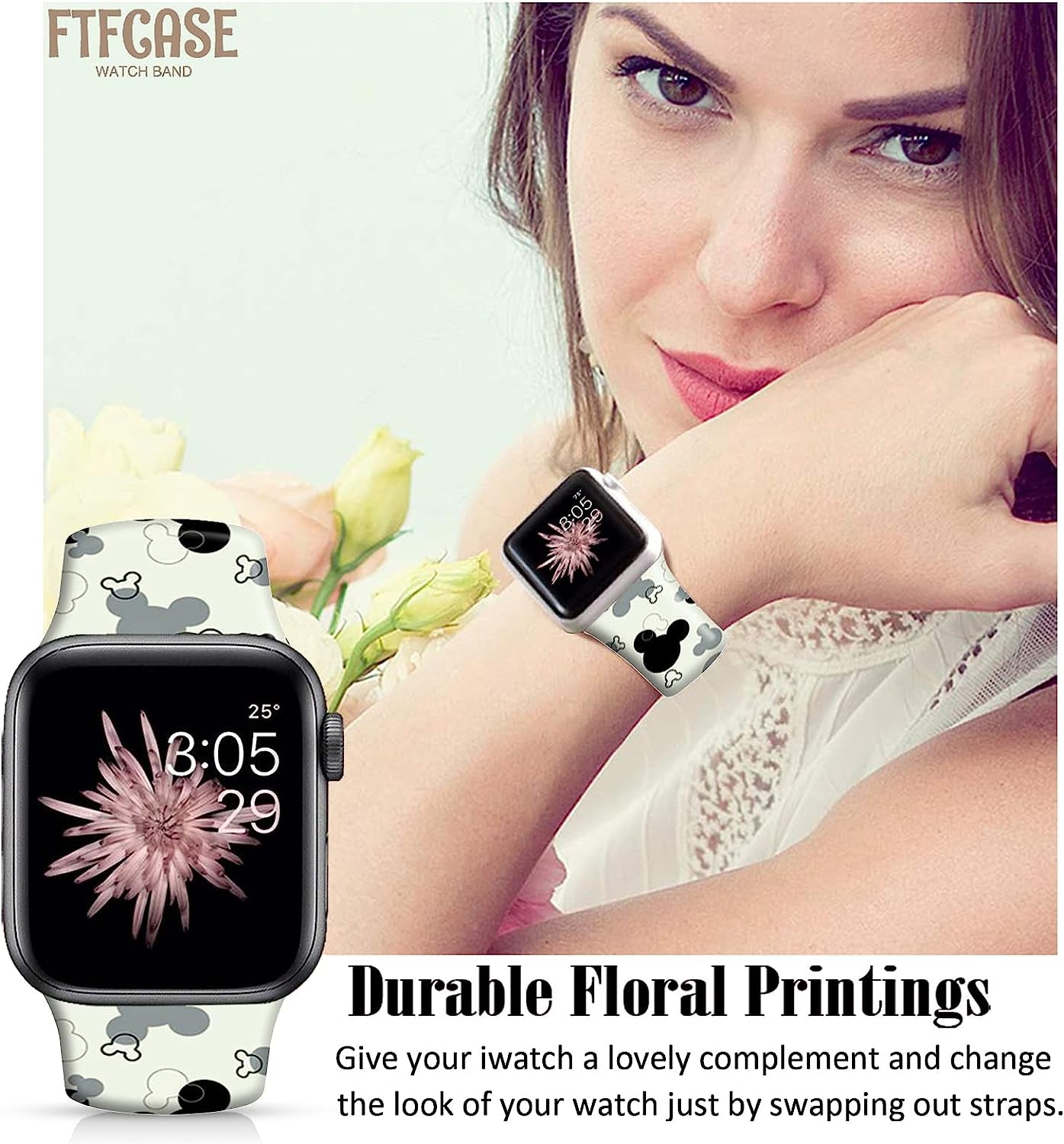 FTFCASE Silicone Floral Bands Compatible with Apple Watch 49Mm 45Mm 44Mm 42Mm, Gray Pattern Printed Soft Silicone Sport Strap Replacement for Iwatch SE Series 8 7 6 5 4 3 2 1 for Women Men Girls  FTFCASE   