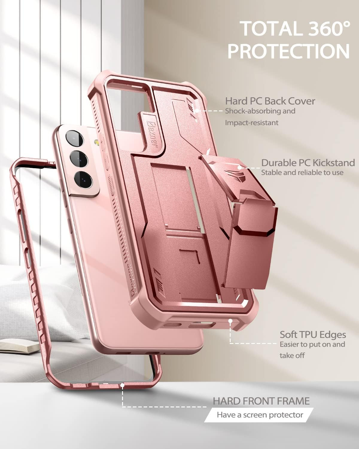 Dexnor for Samsung Galaxy S22 plus Case, [Built in Screen Protector and Kickstand] Heavy Duty Military Grade Protection Shockproof Protective Cover for Samsung Galaxy S22 plus 5G,Peony Pink  Dexnor   