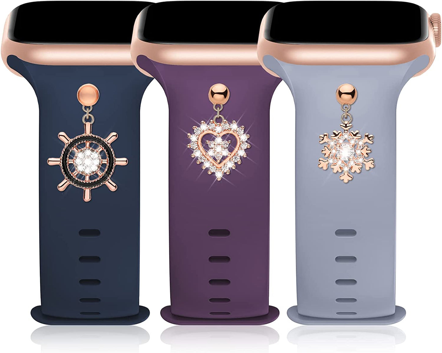 3 Pack Sport Band with DIY Charms Compatible with Apple Watch Bands 41Mm 40Mm 38Mm, Designer Soft Silicone Wristbands Replacement Strap for Iwatch Series SE 8 7 6 5 4 3 2 1 Utral for Women Men  Plesechde Dark Purple/Navy Blue/Lavender Gray 42mm/44mm/45mm/49mm 