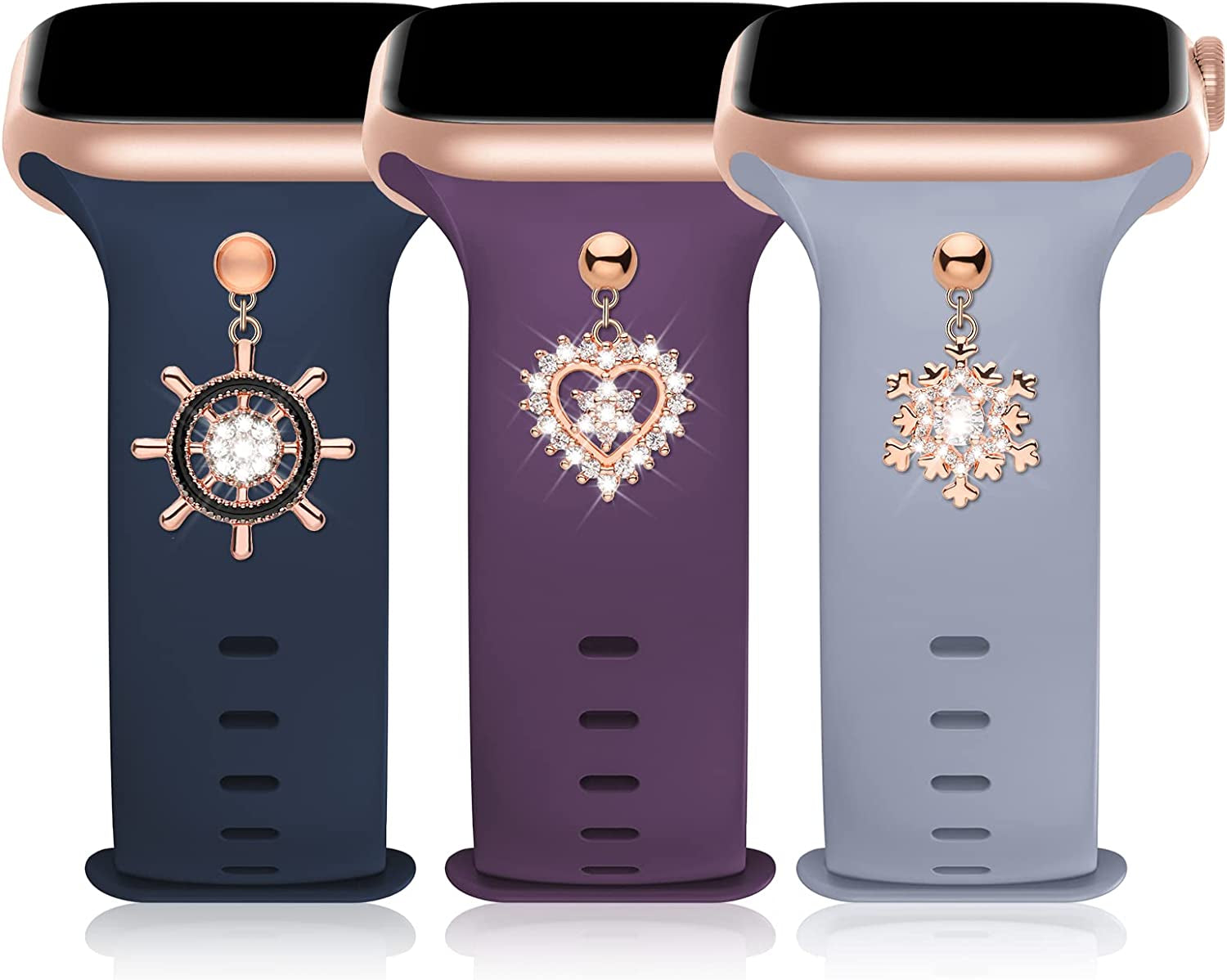 3 Pack Sport Band with DIY Charms Compatible with Apple Watch Bands 41Mm 40Mm 38Mm, Designer Soft Silicone Wristbands Replacement Strap for Iwatch Series SE 8 7 6 5 4 3 2 1 Utral for Women Men  Plesechde Dark Purple/Navy Blue/Lavender Gray 42mm/44mm/45mm/49mm 