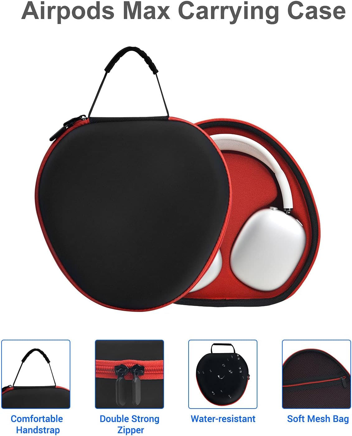 Airpods Max Case Hard Carrying Case for New Airpods Max Portable Storage Bag with Mesh Pocket for Airpods Max Accessories (Black + Red)  Taessv   