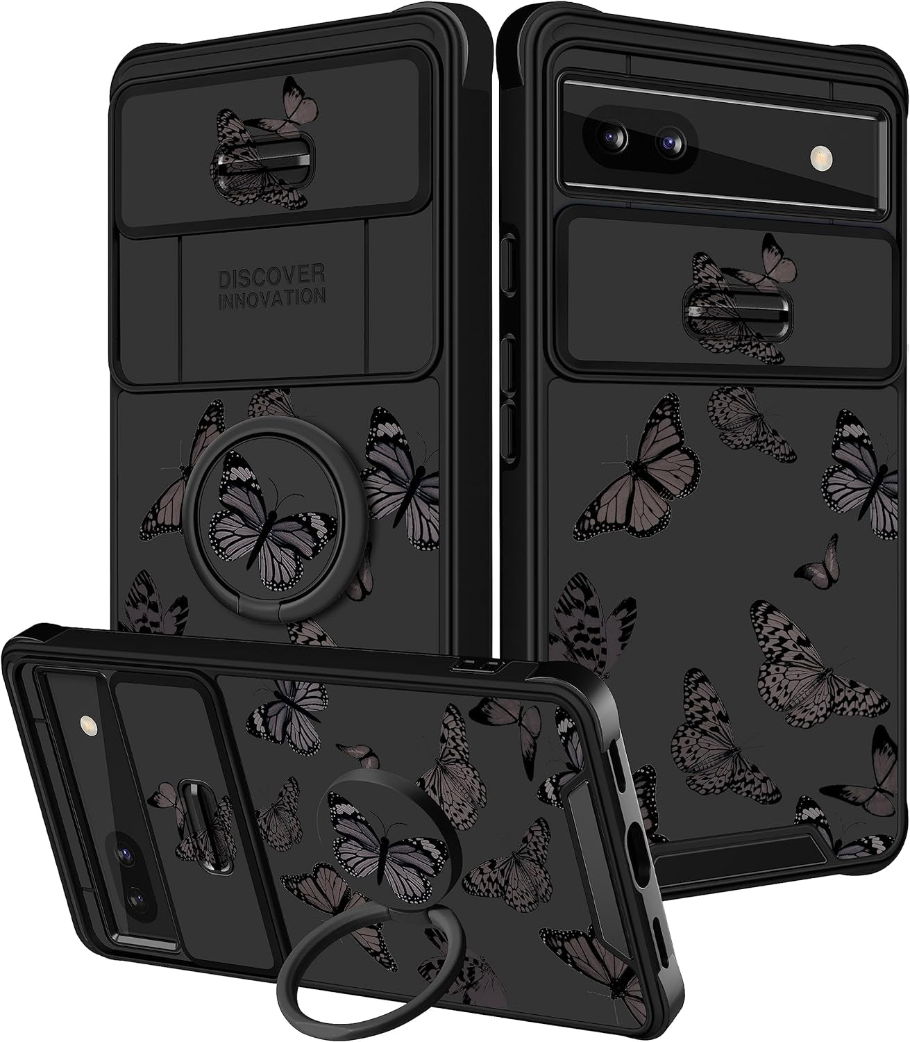 Funermei (2In1 for Google Pixel 6A Case for Women Cute Butterfly Girls Cover Girly Kawaii Aesthetic Butterfly Unique Design with Camera Cover and Ring Stand Funda for Google Pixel 6A Phone Case  Funermei 1-Black Butterfly  