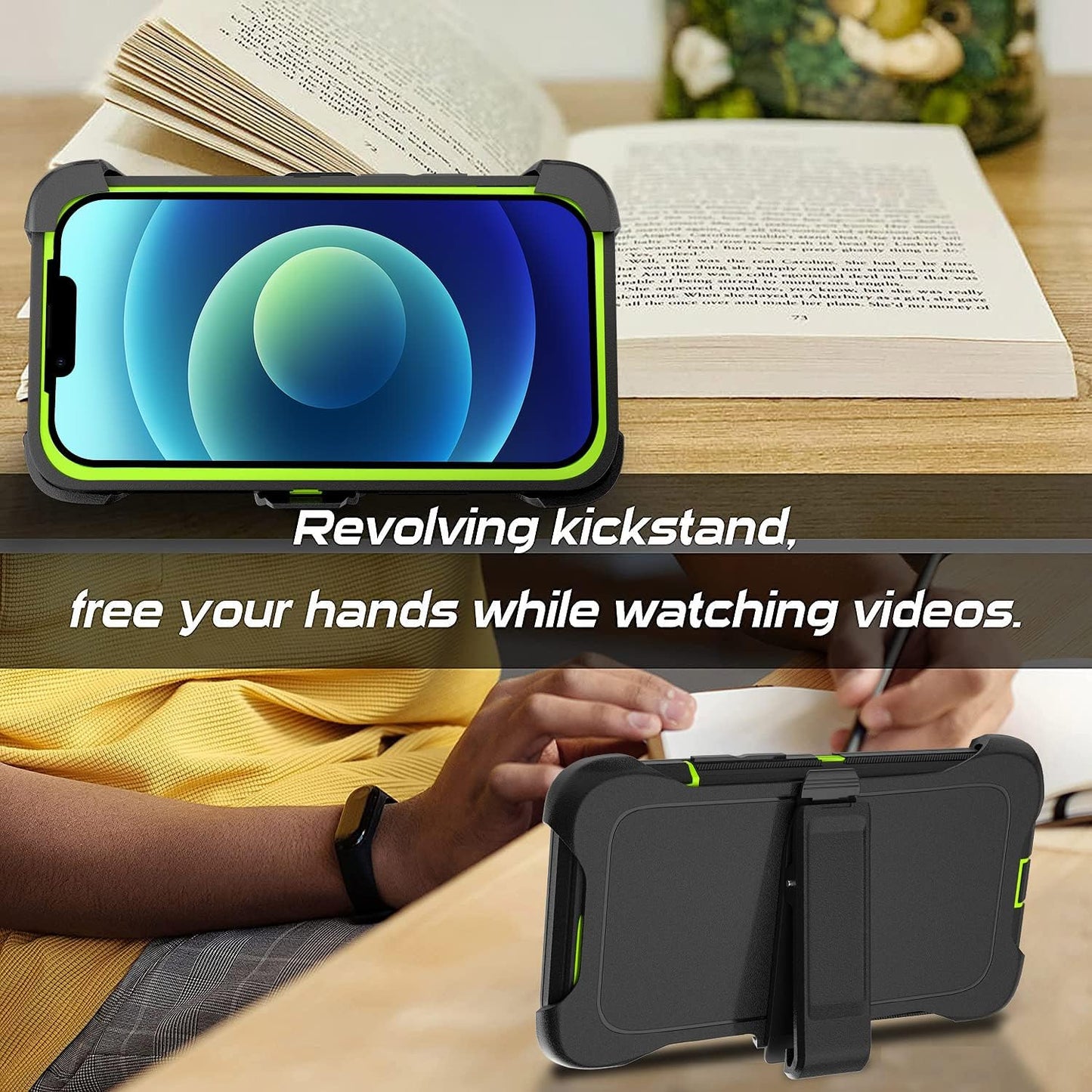 DHCALL for Iphone 12 Case & Iphone 12 Pro Case (6.1"), with 2 Tempered Glass Screen Protector,Belt Clip Holster, [Full Body Drop Protection] Shockproof Tough Durable 6.1 Inch（Black Green+Clip）  DHCALL   