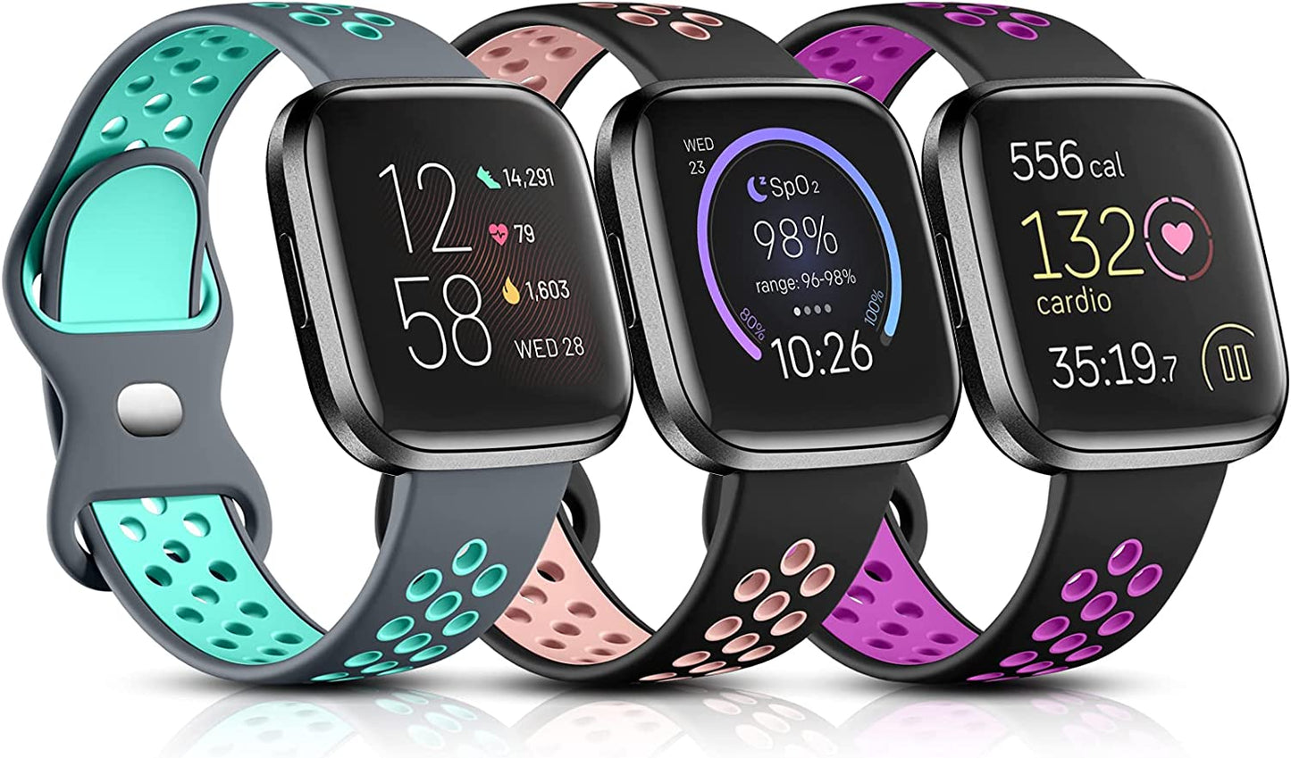 Witzon Sport Bands Compatible with Fitbit Versa 2 / Versa / Versa Lite for Women Men, Breathable Silicone Replacement Wristbands for Versa 2 Smartwatch, Small, Black-Gray/Black-Red/Black-Blue  Witzon Black Sandpink/Black Purple/Gray Teal Large 