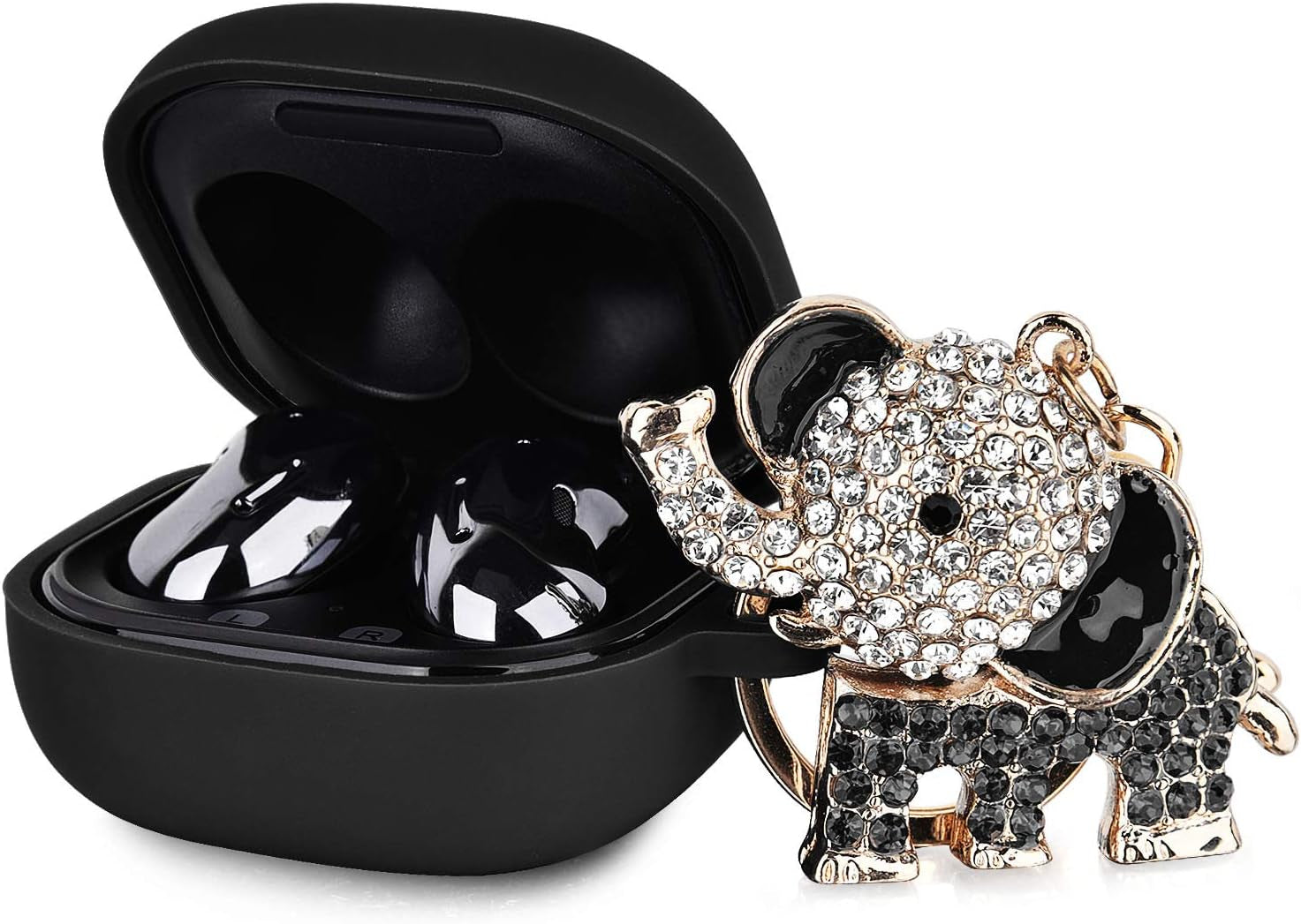 MOFREE Silicone Case Designed for Samsung Galaxy Buds 2/Buds Pro/Buds Live/Buds 2 Pro, Soft Carrying Protective Case Cover with Cute Bling Elephant Keychain for Women Girls (Glittery Rose Gold)  MOFREE Black  