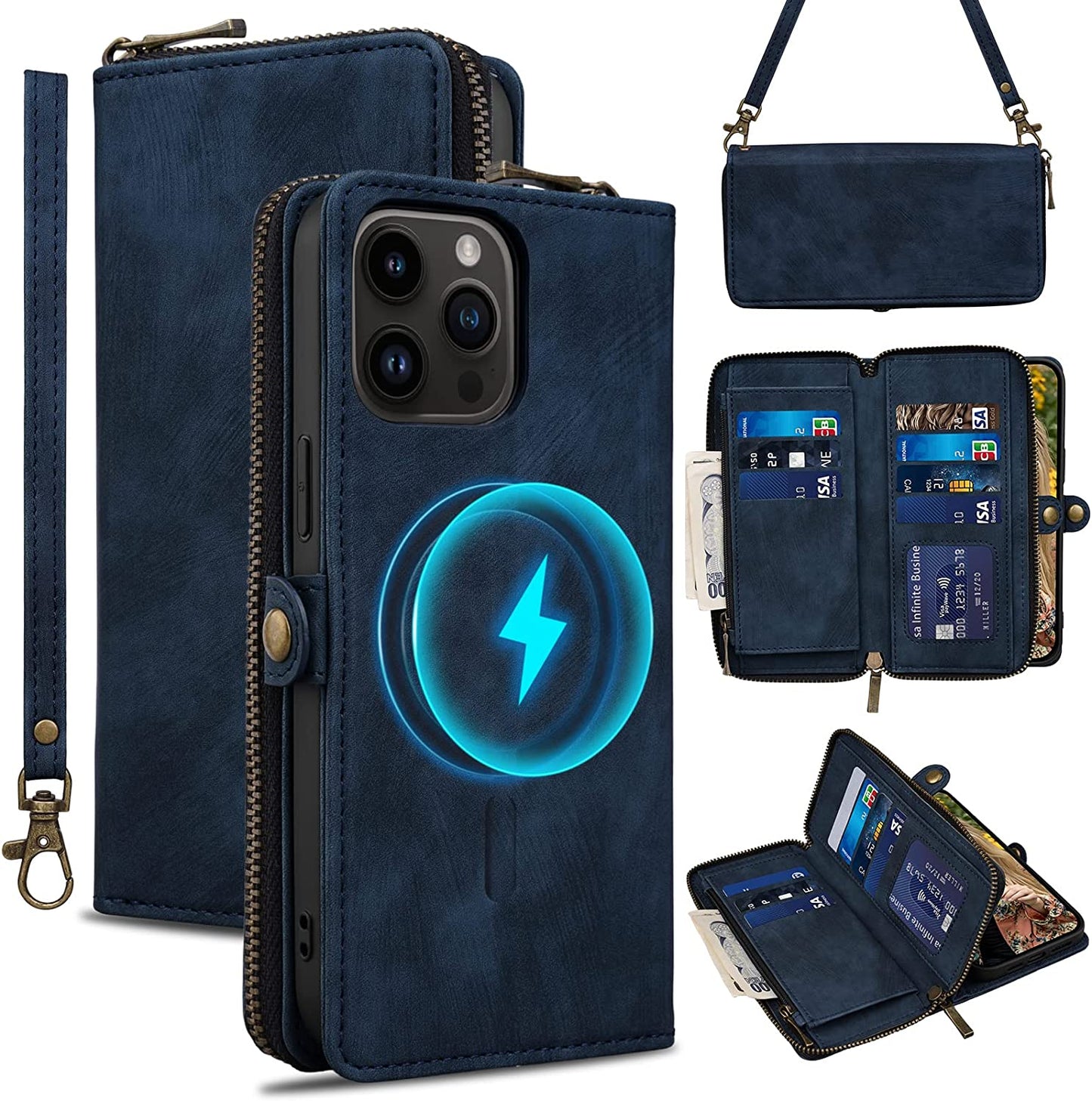 Rssviss for Iphone 12/12 Pro Case Wallet Cover for Women Men, 《RFID Blocking》《Magsafe》Credit Card Holder Leather Strap Zipper Wristlet Iphone 12 Pro Case with Magnetic Shockproof 6.1" Vintage Pink  Rssviss Blue 6.1 inch iPhone 14 Pro 