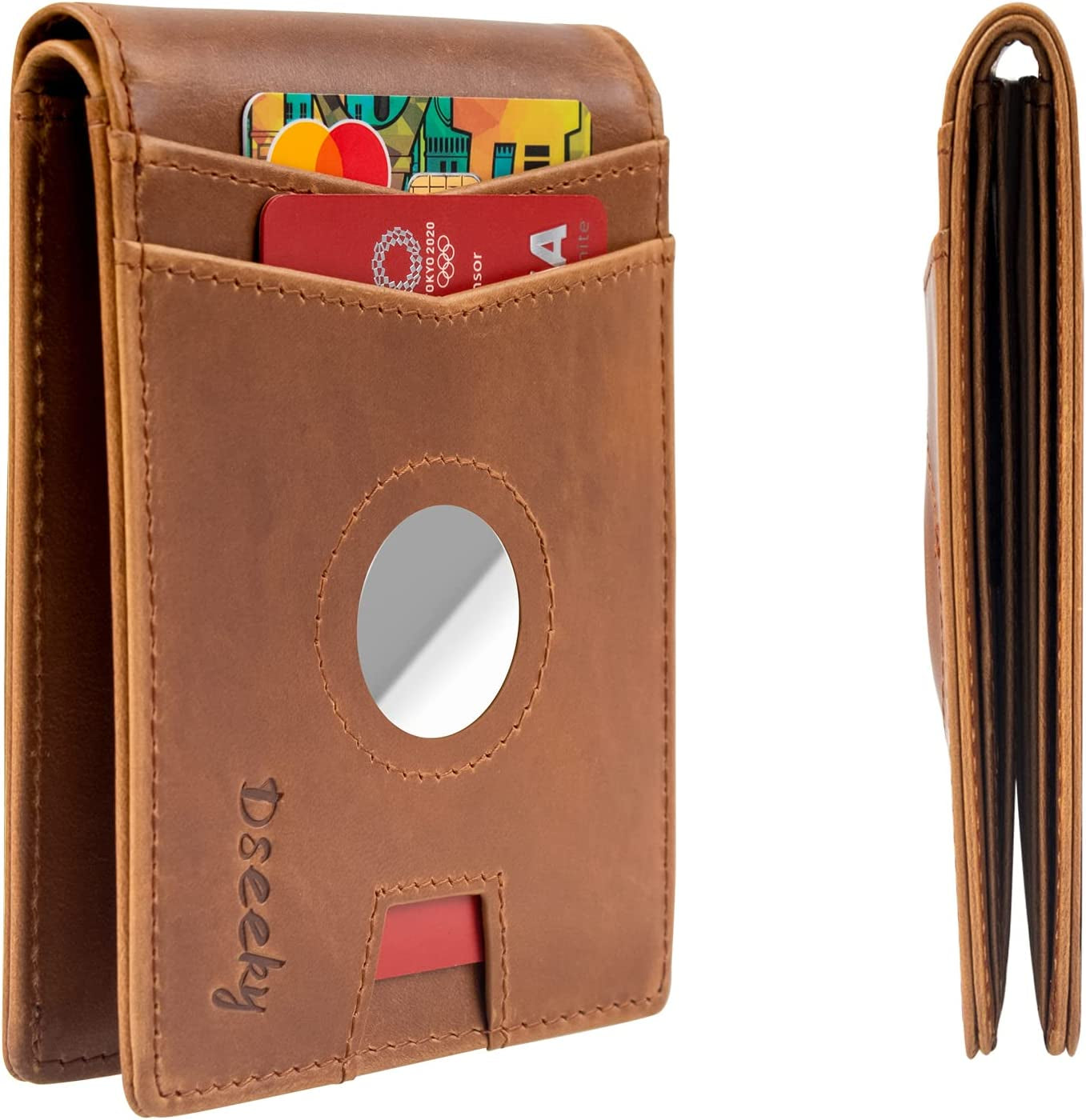 Dseeky Mens Slim Bifold Wallet Multi-Function Wallet Slim Simple Leather Wallet for Airtag Oscar,Genuine Crazy Horse Leather(Light Brown)  Dseeky   
