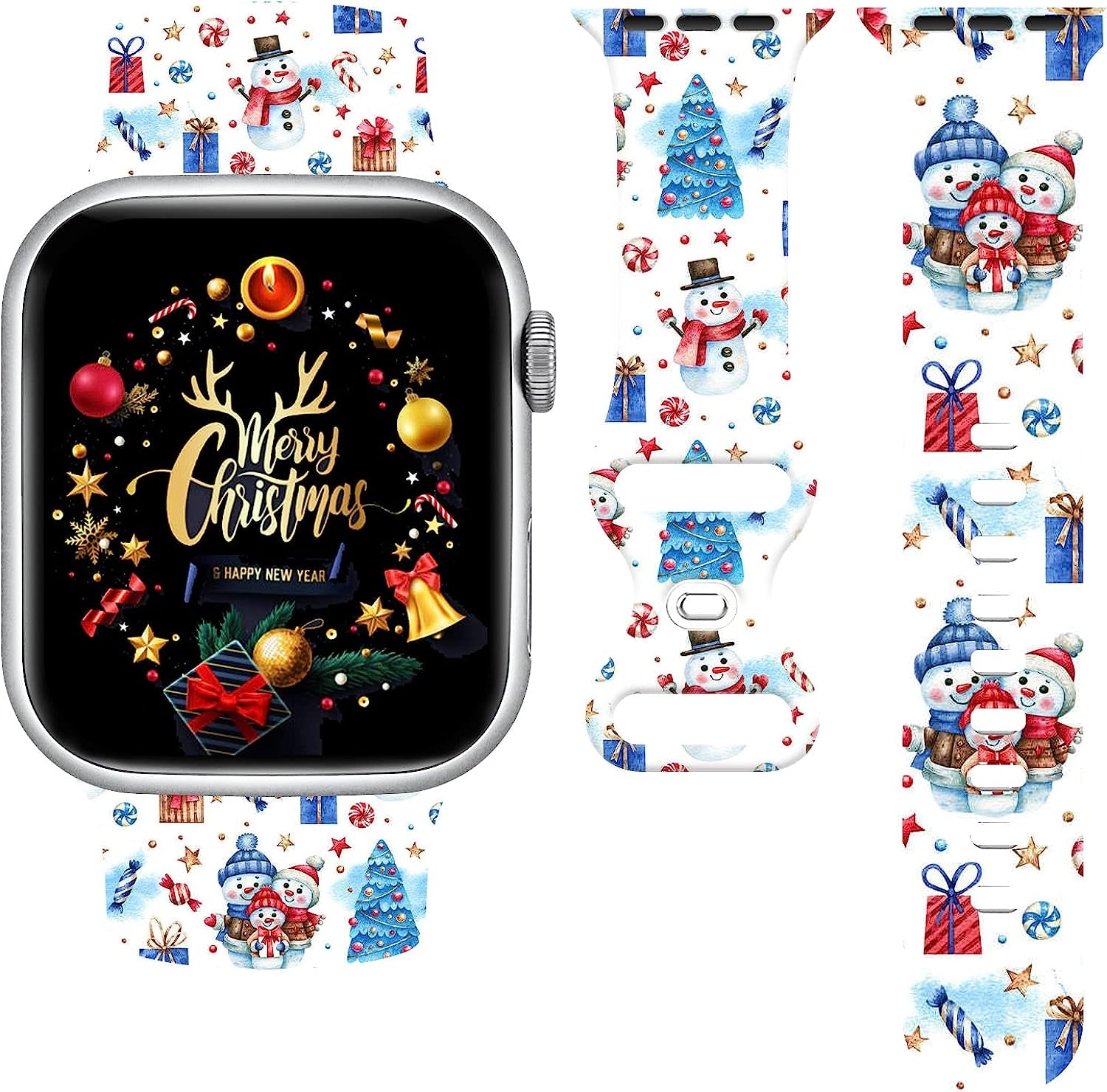 Christmas Watch Band Compatible with Apple Watch 38Mm 40Mm 41Mm 42Mm 44Mm 45Mm, Xmas Silicone Christmas Pattern Replacement Bands Wristbands Strap Compatible with All Iwatch Series  WANSENCE Christmas-4 42mm/44mm/45mm 