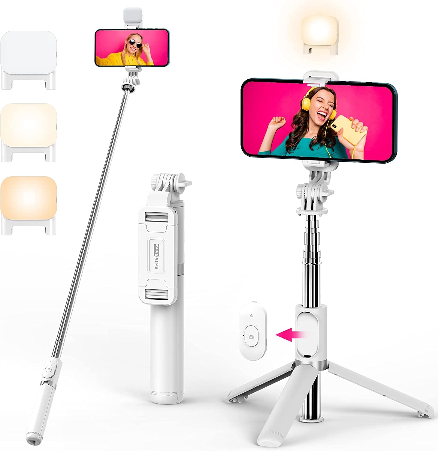 Selfie Stick, Extendable Selfie Stick Tripod with Wireless Remote and Tripod Stand, Portable, Lightweight, Compatible with Iphone 14 13 12 Pro Xs Max Xr X 8Plus 7, Samsung Smartphone and More  LDP White & With Light  